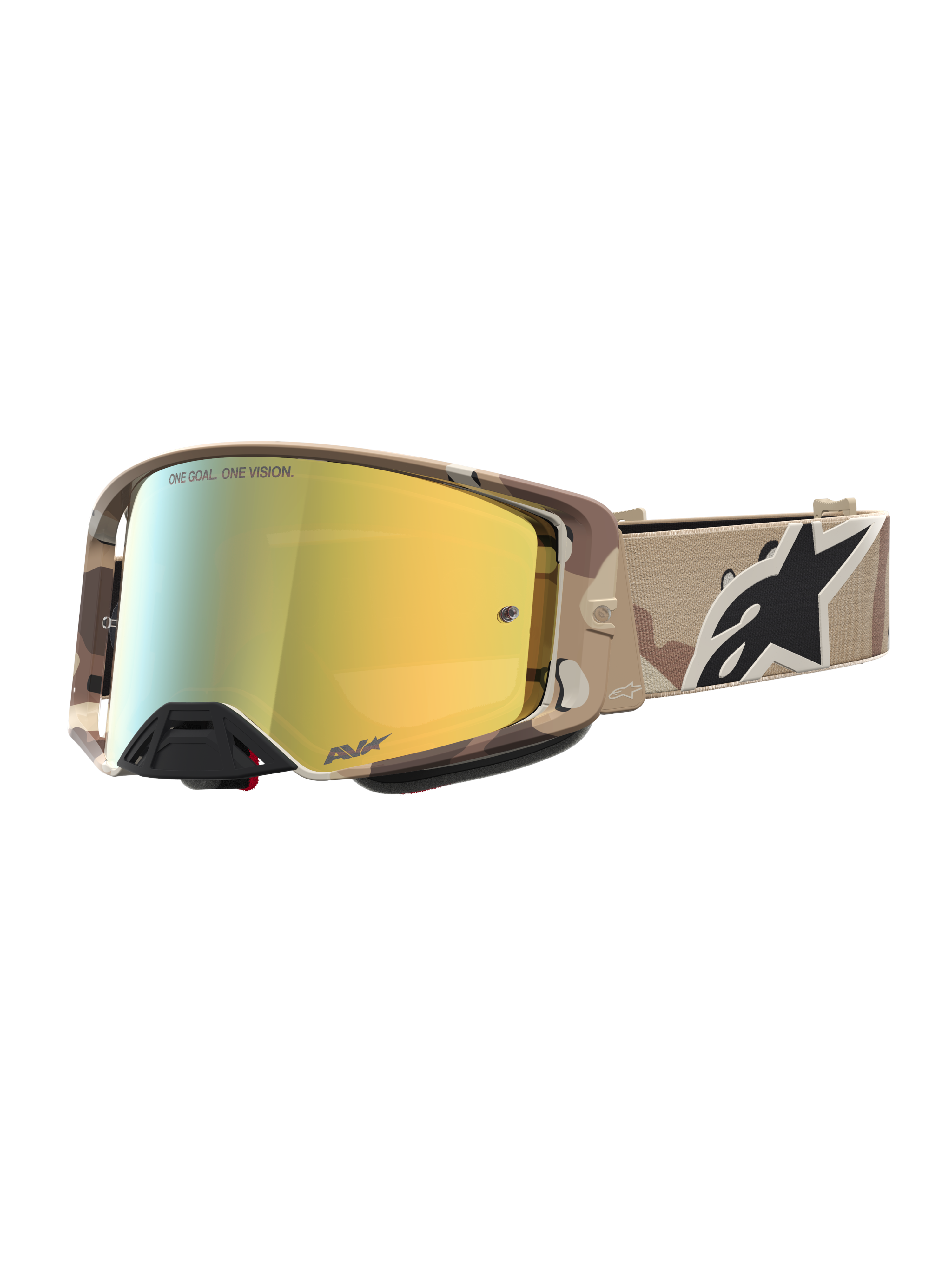 Alpinestars Supertech Lone Motocross-Schutzbrille, Wüstencamo und Gold verspiegelt, hochwertige Optik für Offroad-Rennen.