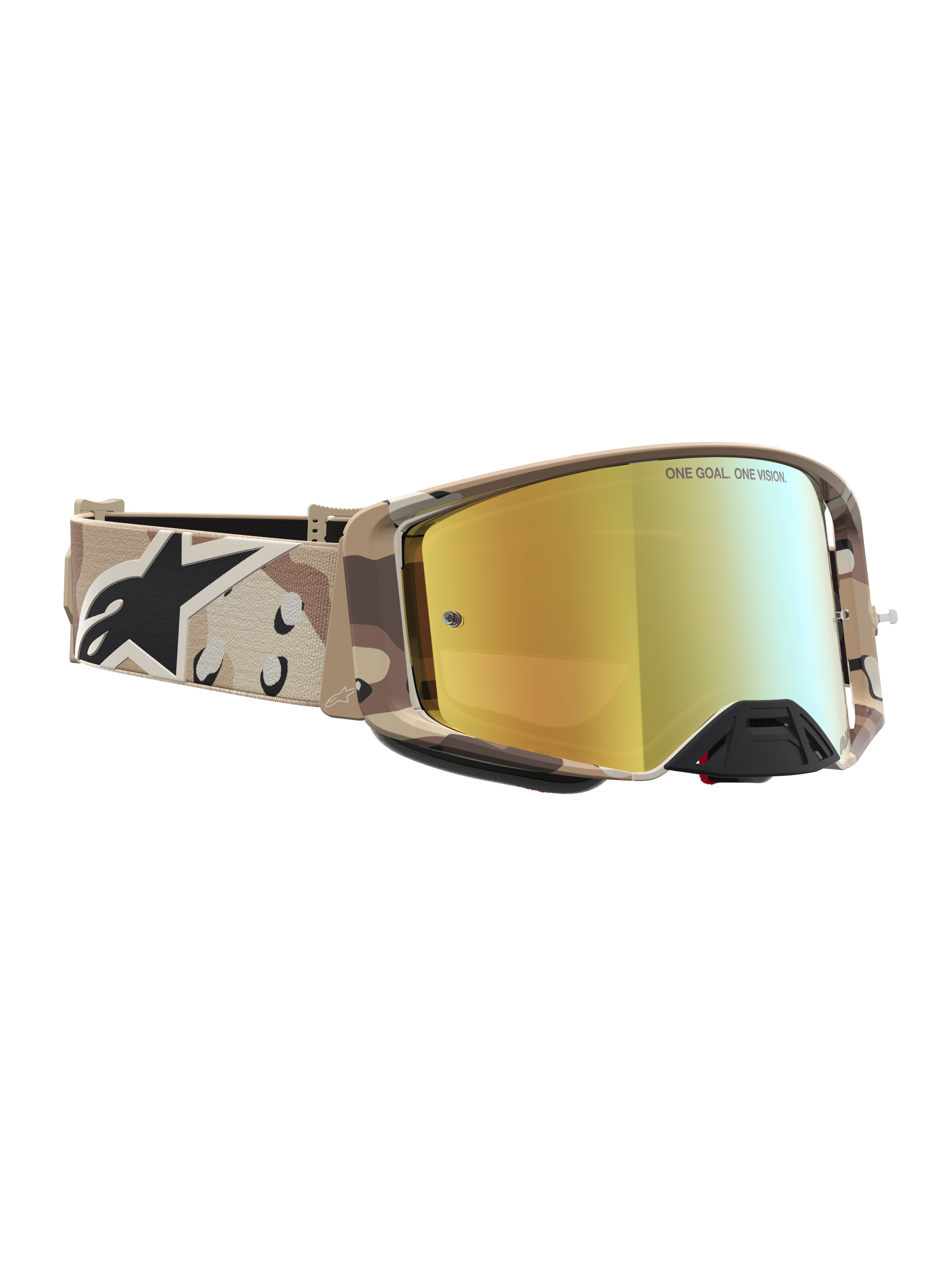 Alpinestars Masque Supertech Lone, masque de motocross camouflage sable, lentille dorée miroir, vision tout-terrain d'élite.