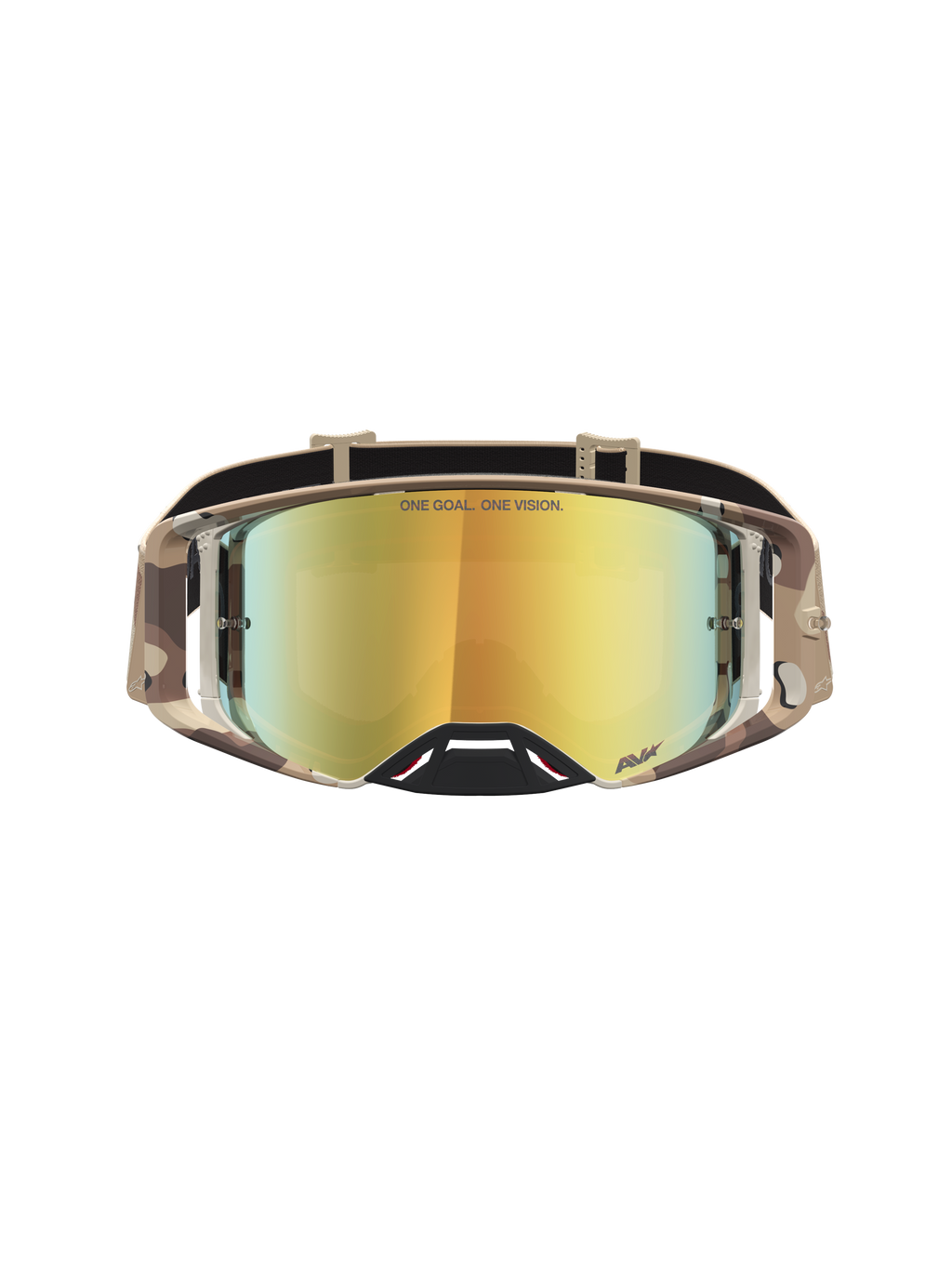 Alpinestars Masque Supertech Lone, masque de motocross camouflage désert et lentille dorée, pour la performance racing.