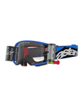 Alpinestars Supertech Stream Goggles, Motocross-Brille, Blauer Rahmen mit klarem Glas und integrierten Roll-Off-Behältern, rote Akzente innen, blau-schwarzes Band mit auffälligem weißen Logo, professionelle Schutzbrille für den Offroad-Rennsport