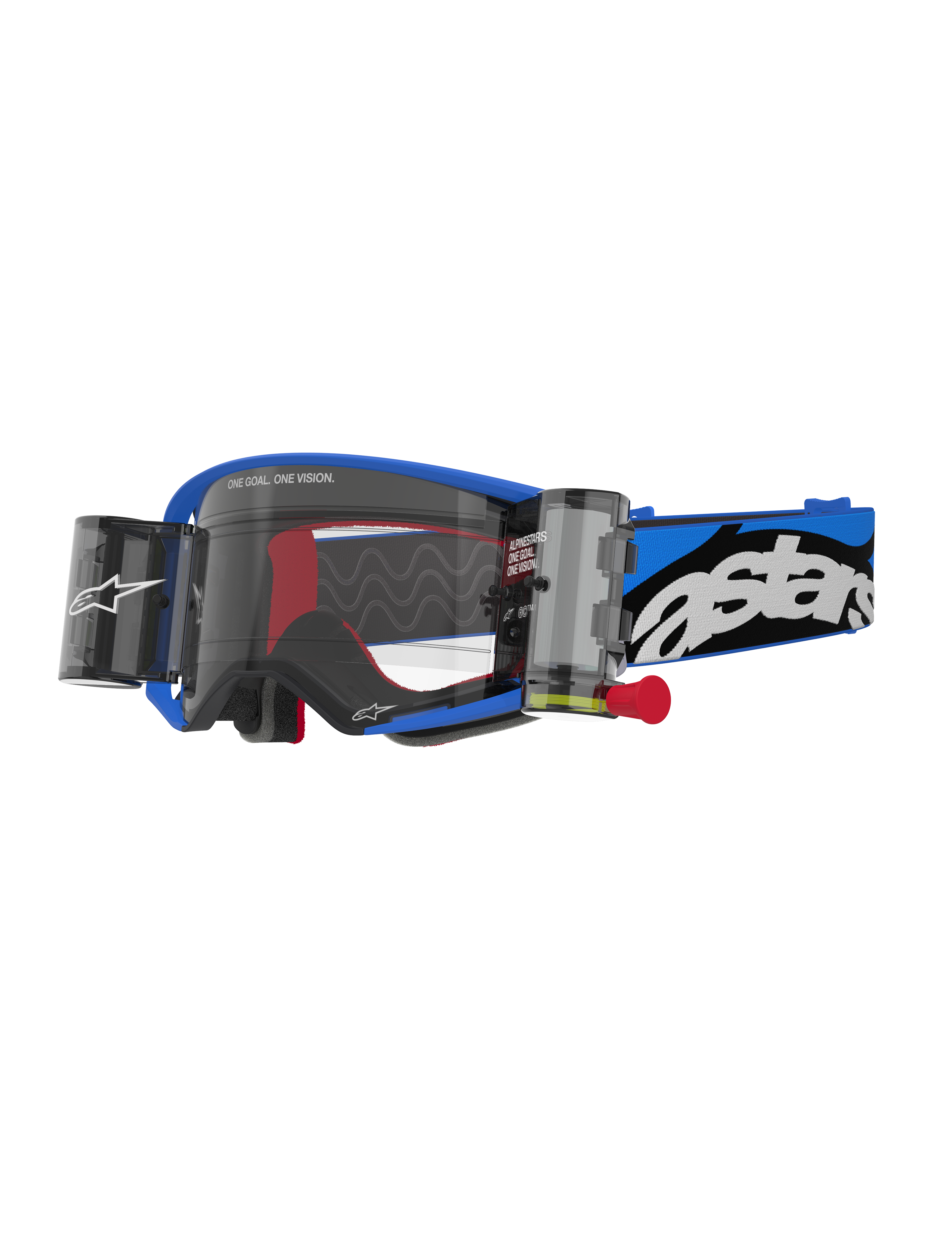 Alpinestars Supertech Stream Goggles, Motocross-Brille, Blauer Rahmen mit klarem Glas und integrierten Roll-Off-Behältern, rote Akzente innen, blau-schwarzes Band mit auffälligem weißen Logo, professionelle Schutzbrille für den Offroad-Rennsport