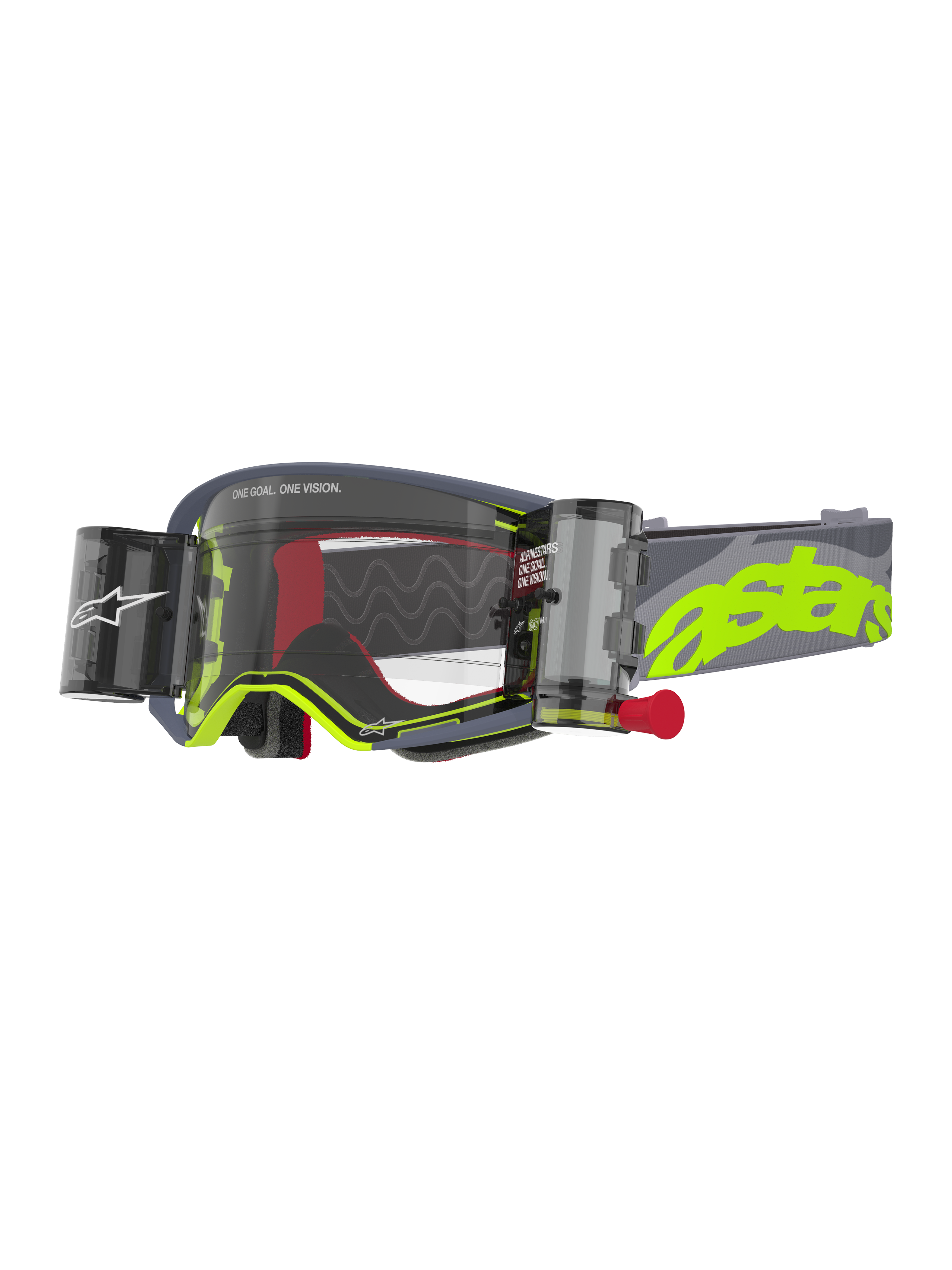 Alpinestars Supertech Stream crossbril, motorcross goggle, grijs en fluogeel, voorzien van een heldere lens met een geïntegreerd Wide Vision Roll-Off systeem, canisters aan beide zijden met een rode trekknop, gegolfde siliconen glijlijnen, verstelbare grijze band met groot neongeel astars-logo, hoogwaardige oogbescherming voor off-road racing