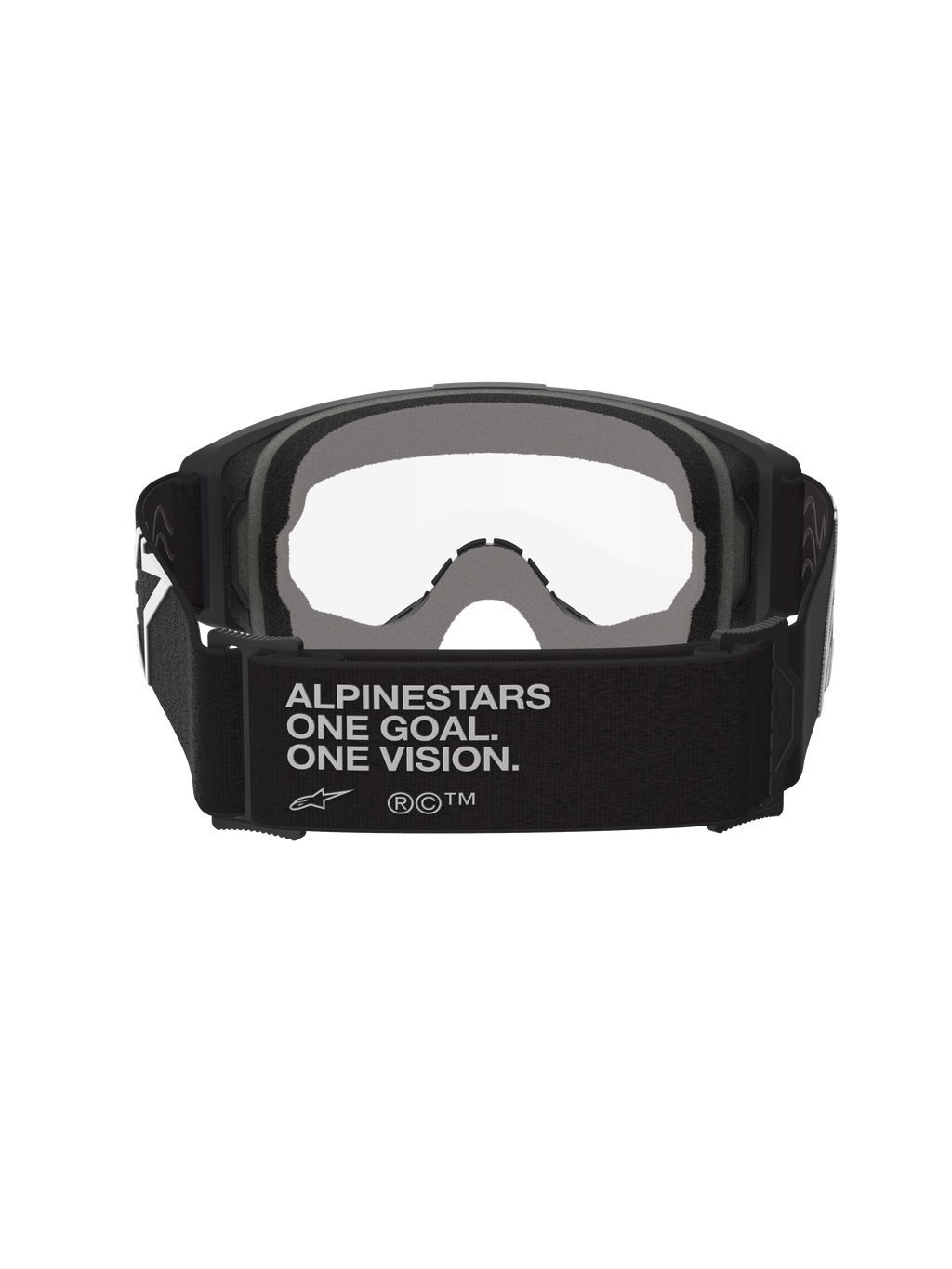 Alpinestars Vision Goggles OTG, motocrossbril, zwart en grijs, achteraanzicht met brede zwarte geweven band met merkslogan, meerlaags grijs gezichtsschuim, heldere lens, ontworpen voor een over-de-bril pasvorm
