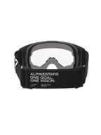 Alpinestars Vision Goggles OTG, motocrossbril, zwart en grijs, achteraanzicht met brede zwarte geweven band met merkslogan, meerlaags grijs gezichtsschuim, heldere lens, ontworpen voor een over-de-bril pasvorm
