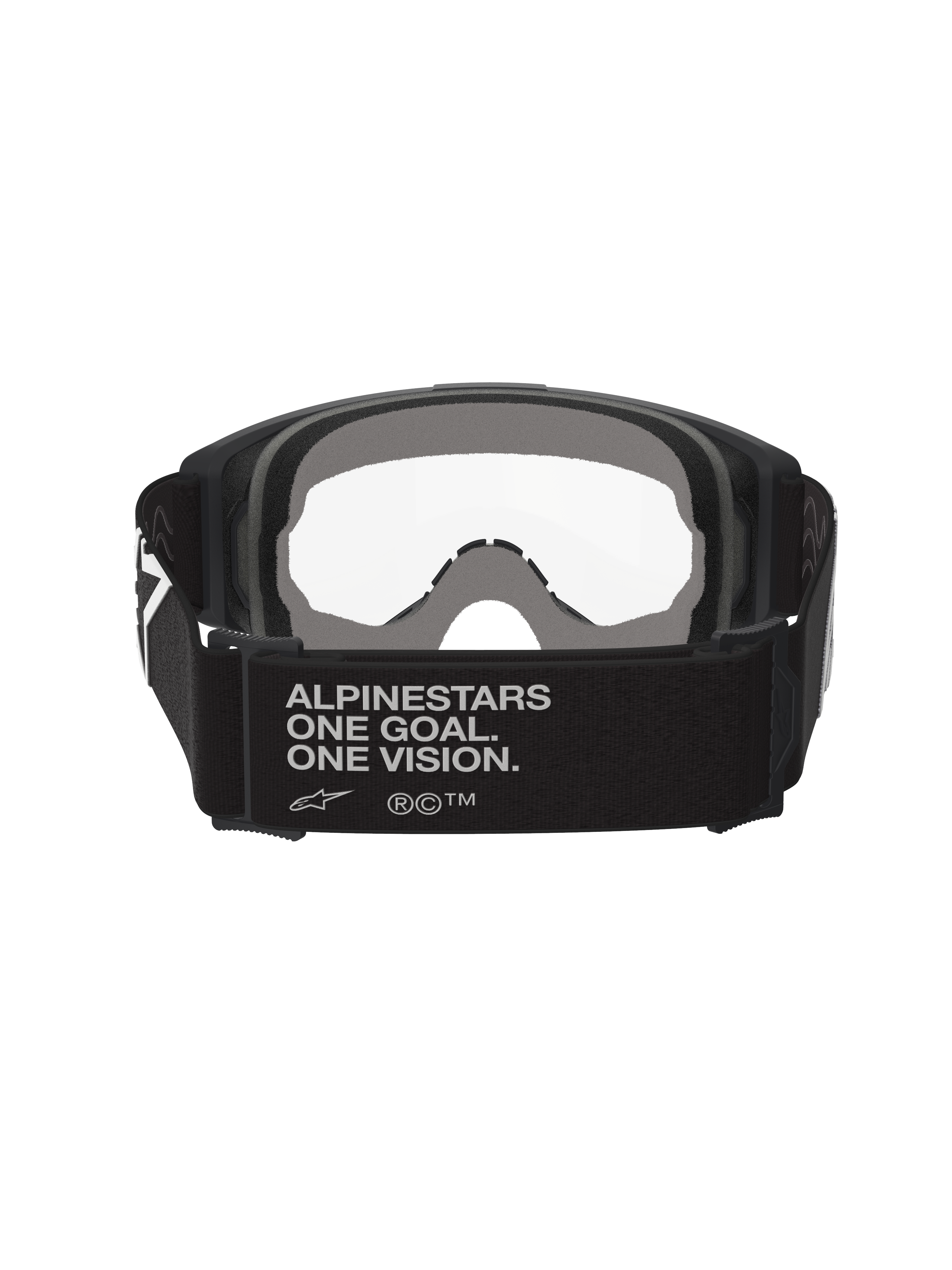 Alpinestars Vision Goggles OTG, motocrossbril, zwart en grijs, achteraanzicht met brede zwarte geweven band met merkslogan, meerlaags grijs gezichtsschuim, heldere lens, ontworpen voor een over-de-bril pasvorm