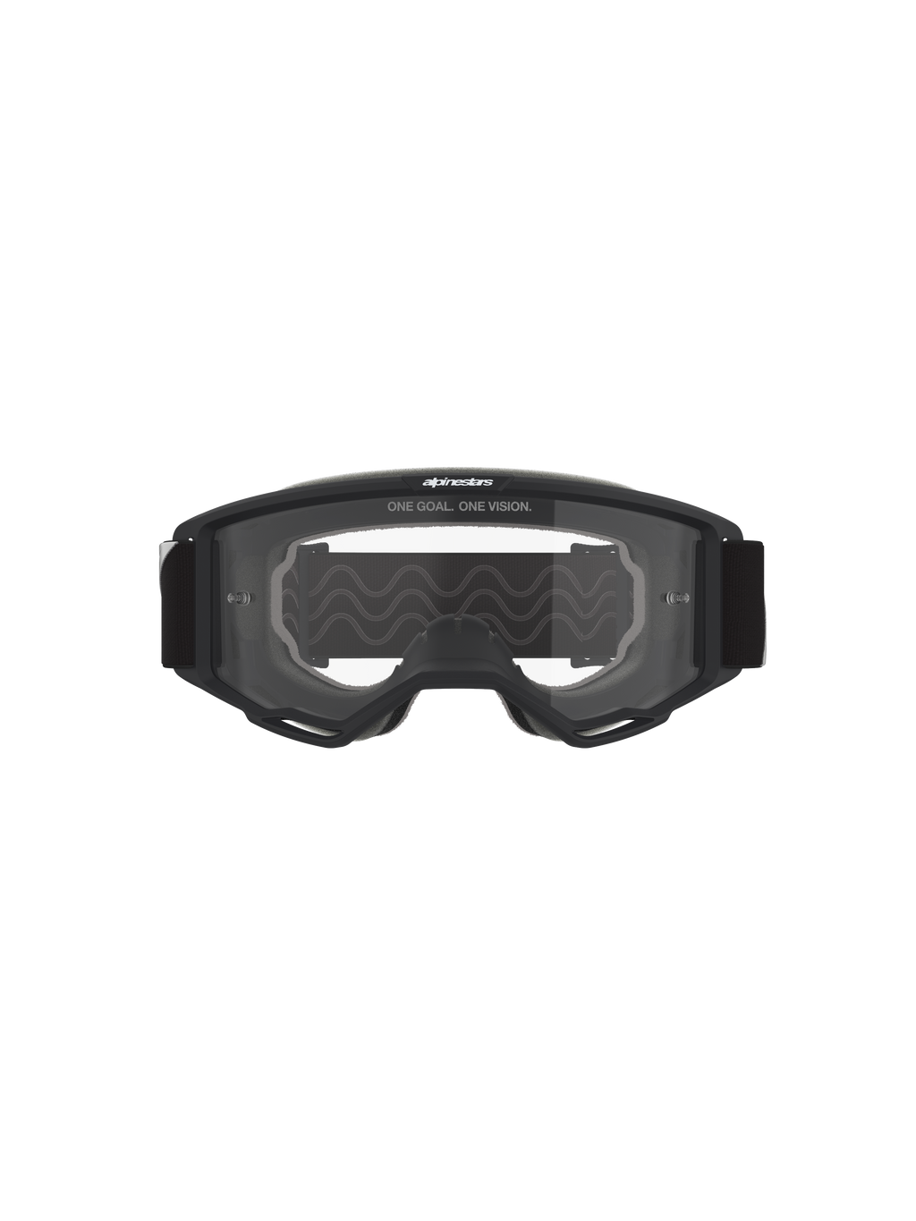 Alpinestars Vision Goggles OTG, motorcrossbril, zwart frame met heldere lens, vooraanzicht met 'ONE GOAL. ONE VISION.' tekst en merklogo, "deep volume" structuur voor compatibiliteit met brillen op sterkte