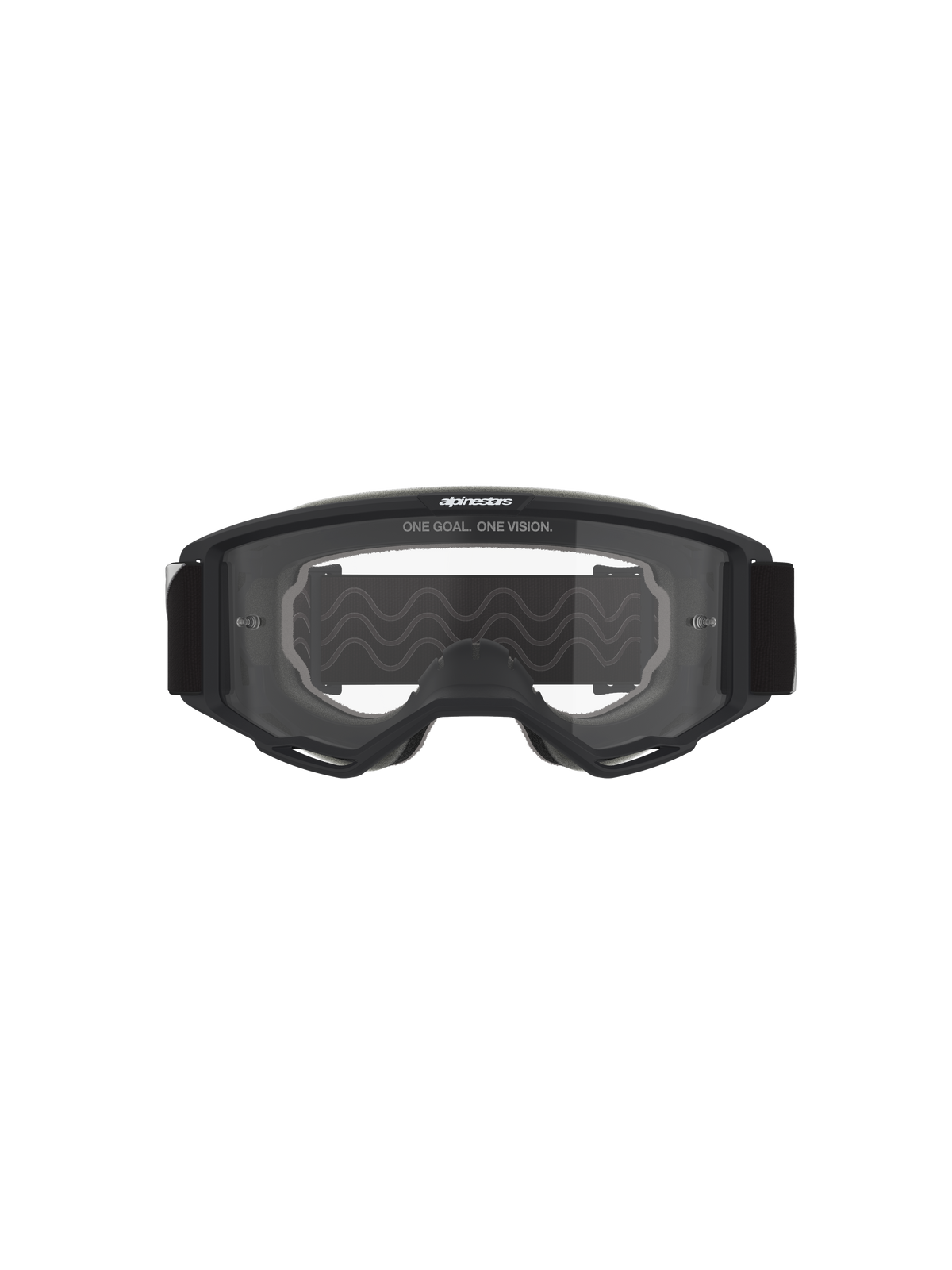 Alpinestars Vision Goggles OTG, motorcrossbril, zwart frame met heldere lens, vooraanzicht met 'ONE GOAL. ONE VISION.' tekst en merklogo, "deep volume" structuur voor compatibiliteit met brillen op sterkte