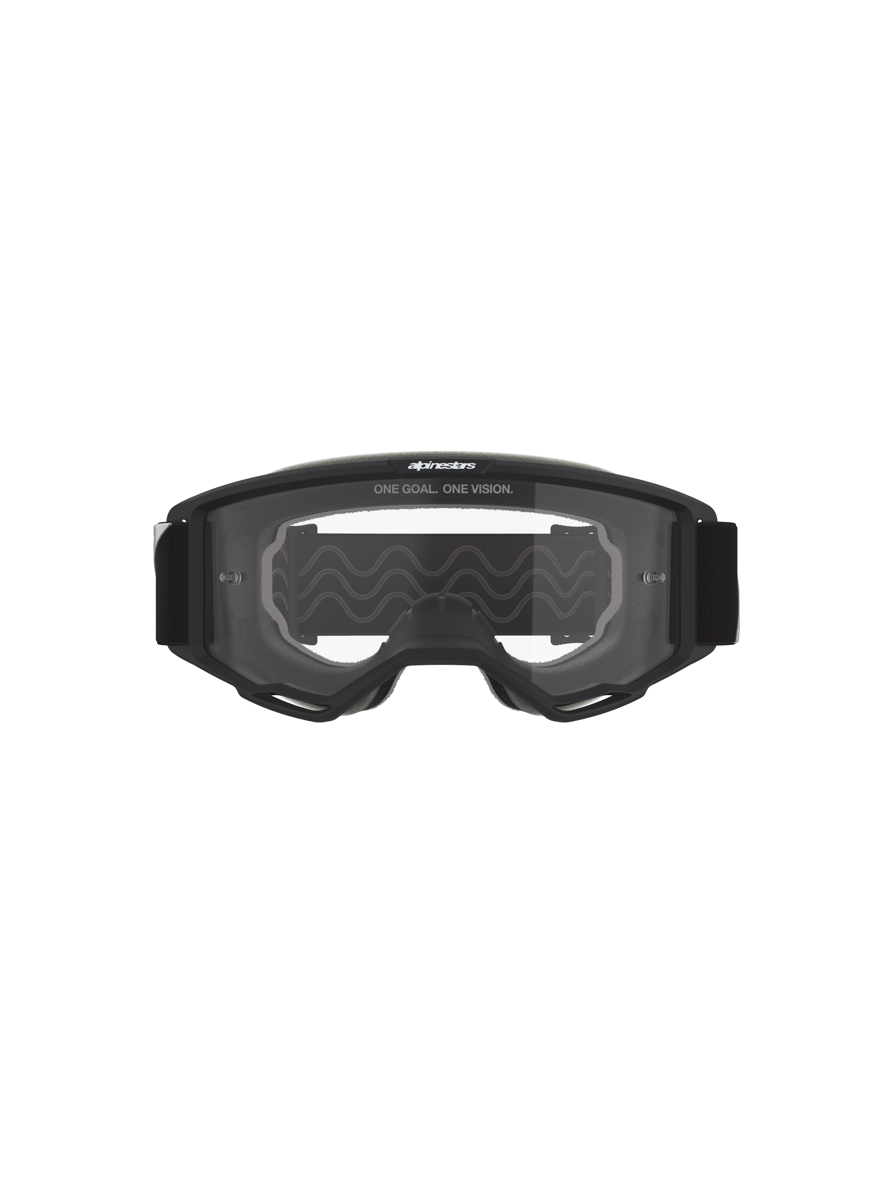 Alpinestars Vision Goggles OTG, motorcrossbril, zwart frame met heldere lens, vooraanzicht met 'ONE GOAL. ONE VISION.' tekst en merklogo, "deep volume" structuur voor compatibiliteit met brillen op sterkte