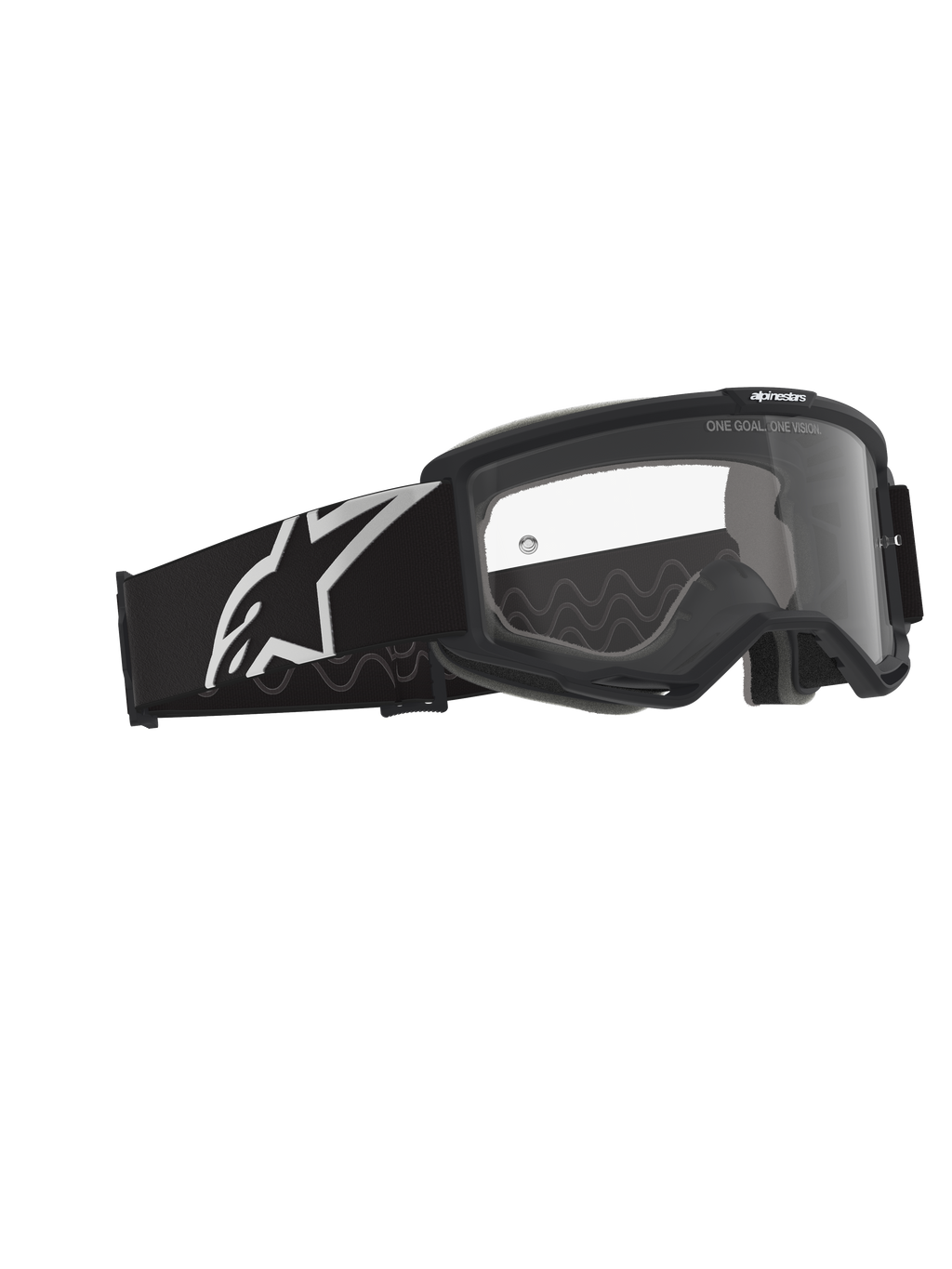 Alpinestars Vision Goggles OTG, motorcrossbril, zwart en grijs met heldere lens, zwart frame met een brede band voorzien van een wit Alpinestars-logo en grijs siliconen tractiepatroon, deep volume frame ontworpen voor brillen op sterkte, anti-condens lens met merkdetails.