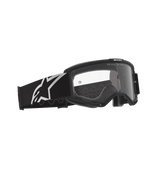 Alpinestars Vision Goggles OTG, motorcrossbril, zwart en grijs met heldere lens, zwart frame met een brede band voorzien van een wit Alpinestars-logo en grijs siliconen tractiepatroon, deep volume frame ontworpen voor brillen op sterkte, anti-condens lens met merkdetails.