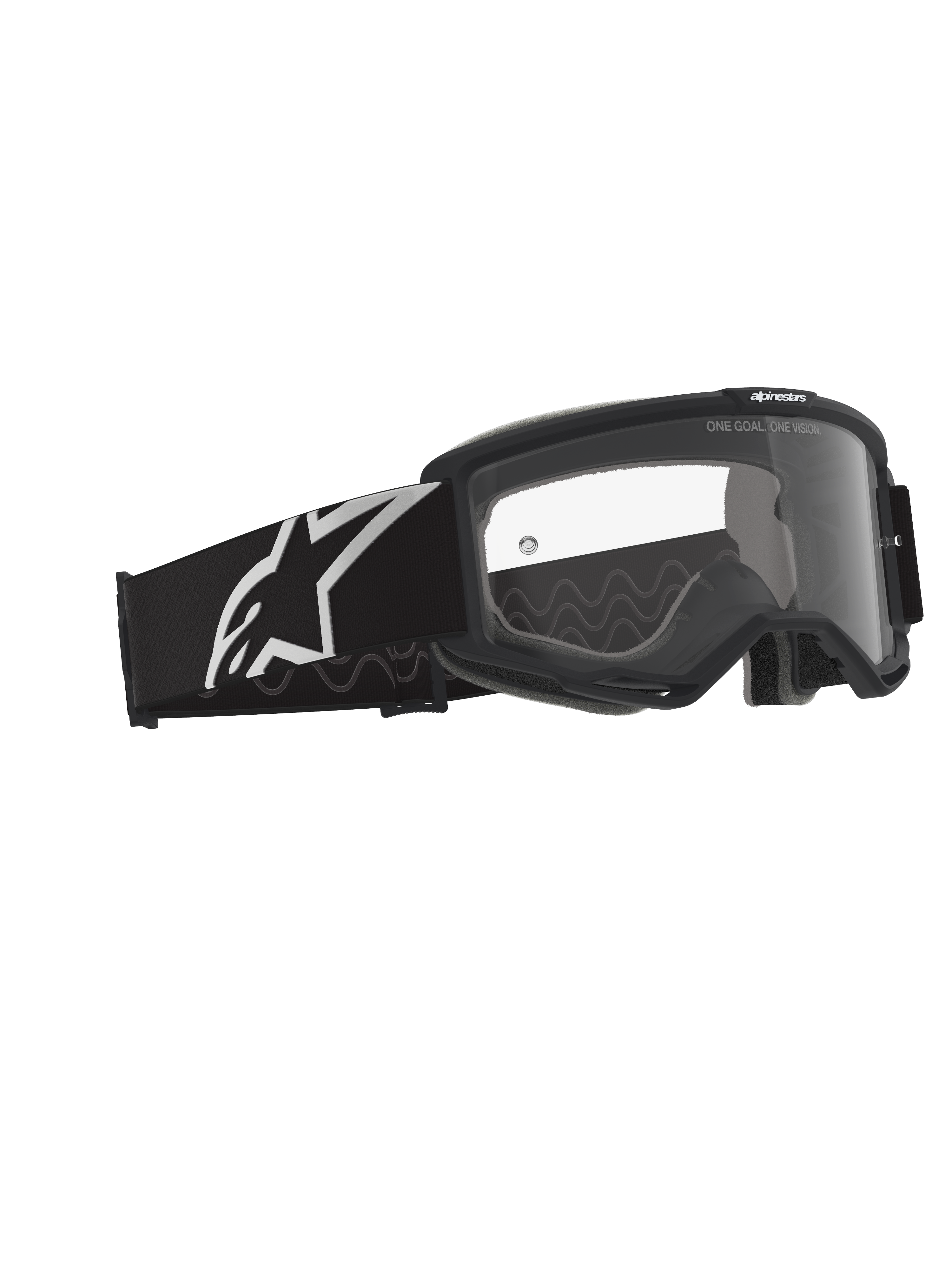 Alpinestars Vision Goggles OTG, motorcrossbril, zwart en grijs met heldere lens, zwart frame met een brede band voorzien van een wit Alpinestars-logo en grijs siliconen tractiepatroon, deep volume frame ontworpen voor brillen op sterkte, anti-condens lens met merkdetails.