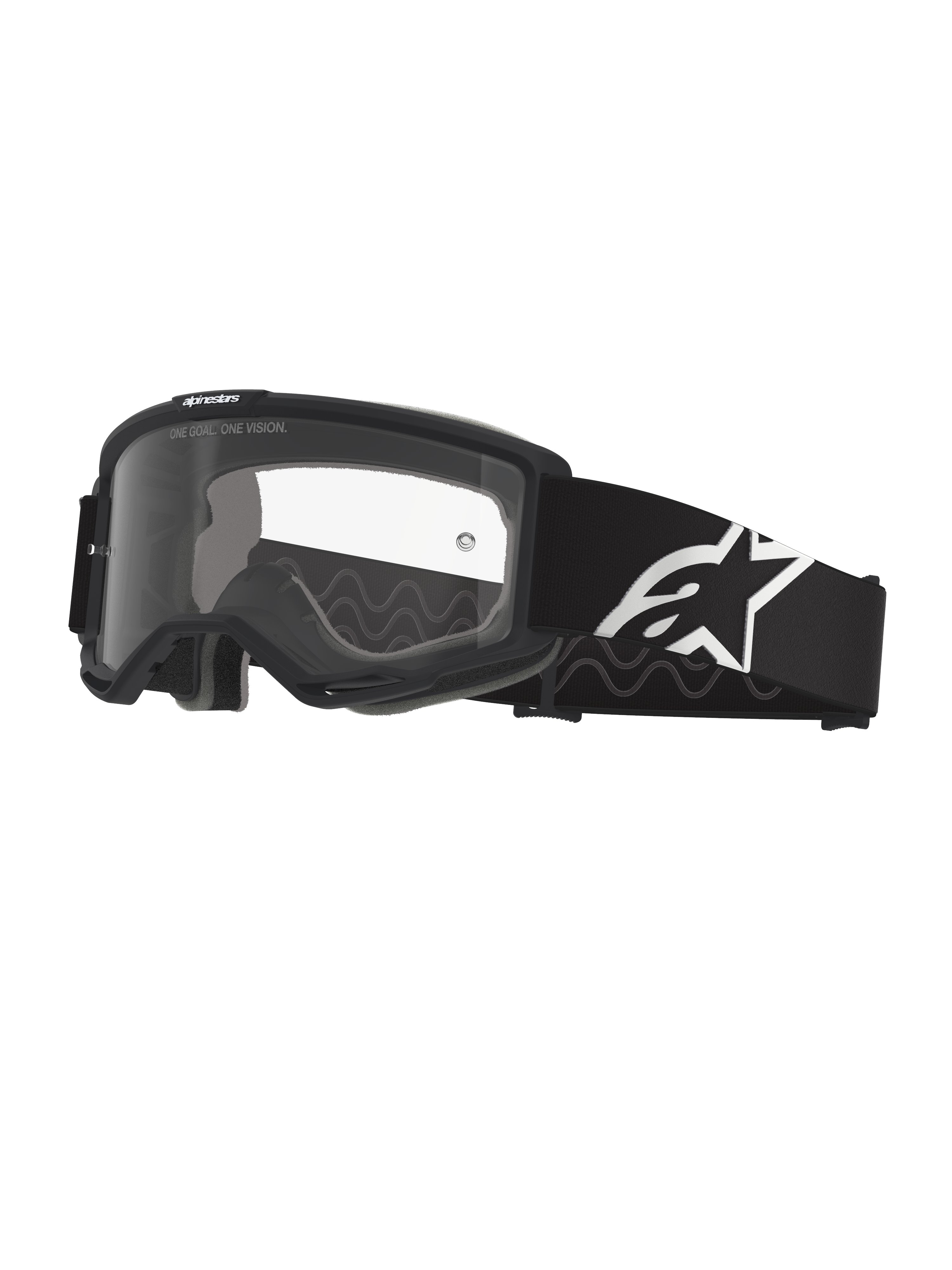 Alpinestars Vision Schutzbrille OTG, Motocross-Brille, Schwarz und Grau mit klarer Sichtscheibe, breites schwarzes gewebtes Brillenband mit weißem Alpinestars-Logo, Deep-Volume-Rahmen für Brillenträger, Schutzausrüstung für den Offroad-Einsatz
