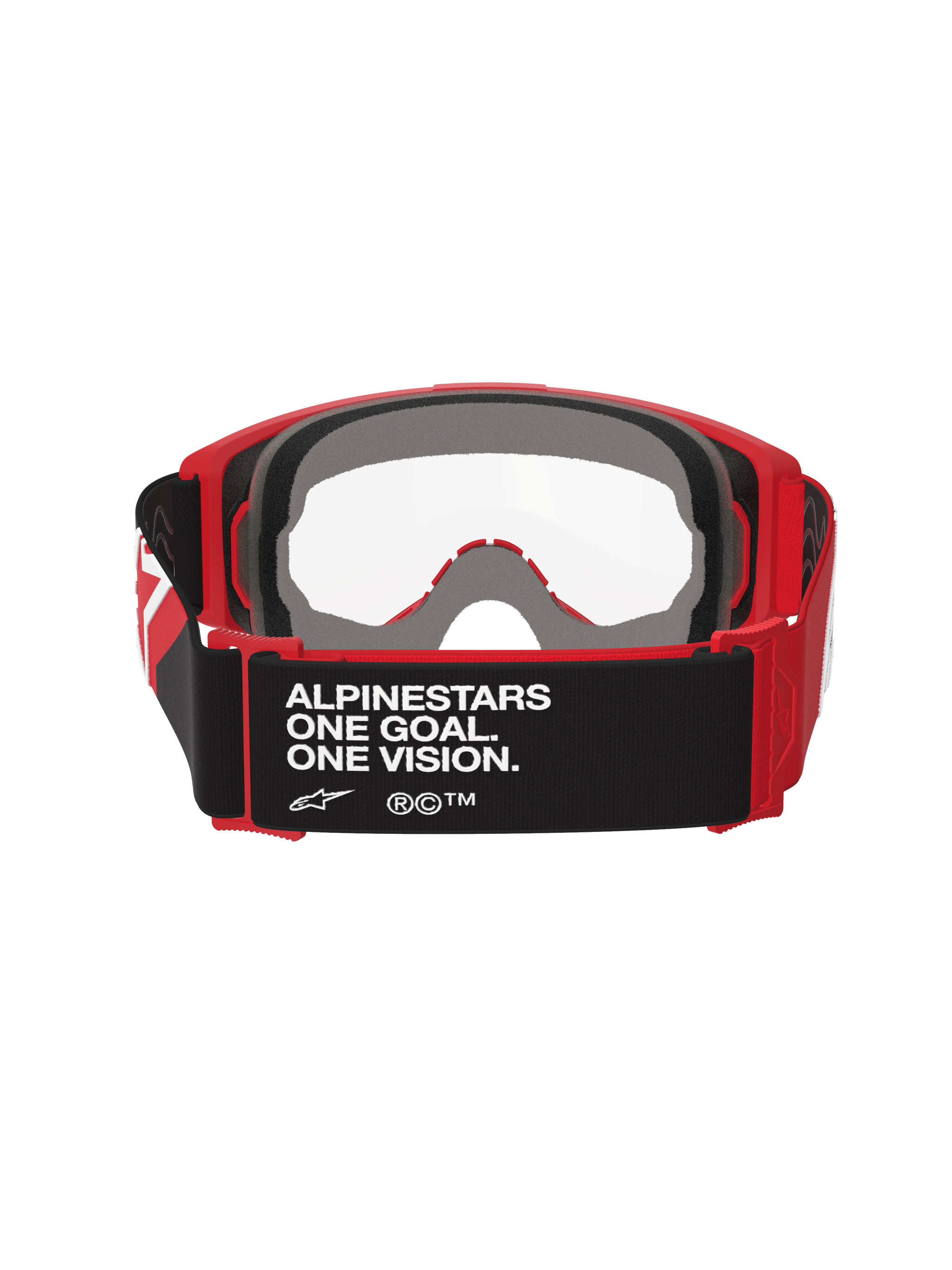 Masque Alpinestars Vision OTG, masque de motocross, rouge et noir avec écran clair, vue arrière montrant le bandeau noir avec le texte « ALPINESTARS ONE GOAL. ONE VISION. », mousse faciale multicouche épaisse et monture rouge flexible adaptée au port de lunettes de vue