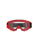 Alpinestars Vision Goggles OTG, masque de motocross, monture rouge avec lentille transparente anti-buée, vue de face avec le slogan « ONE GOAL. ONE VISION. », large sangle noire, protection oculaire haute performance pour la course tout-terrain