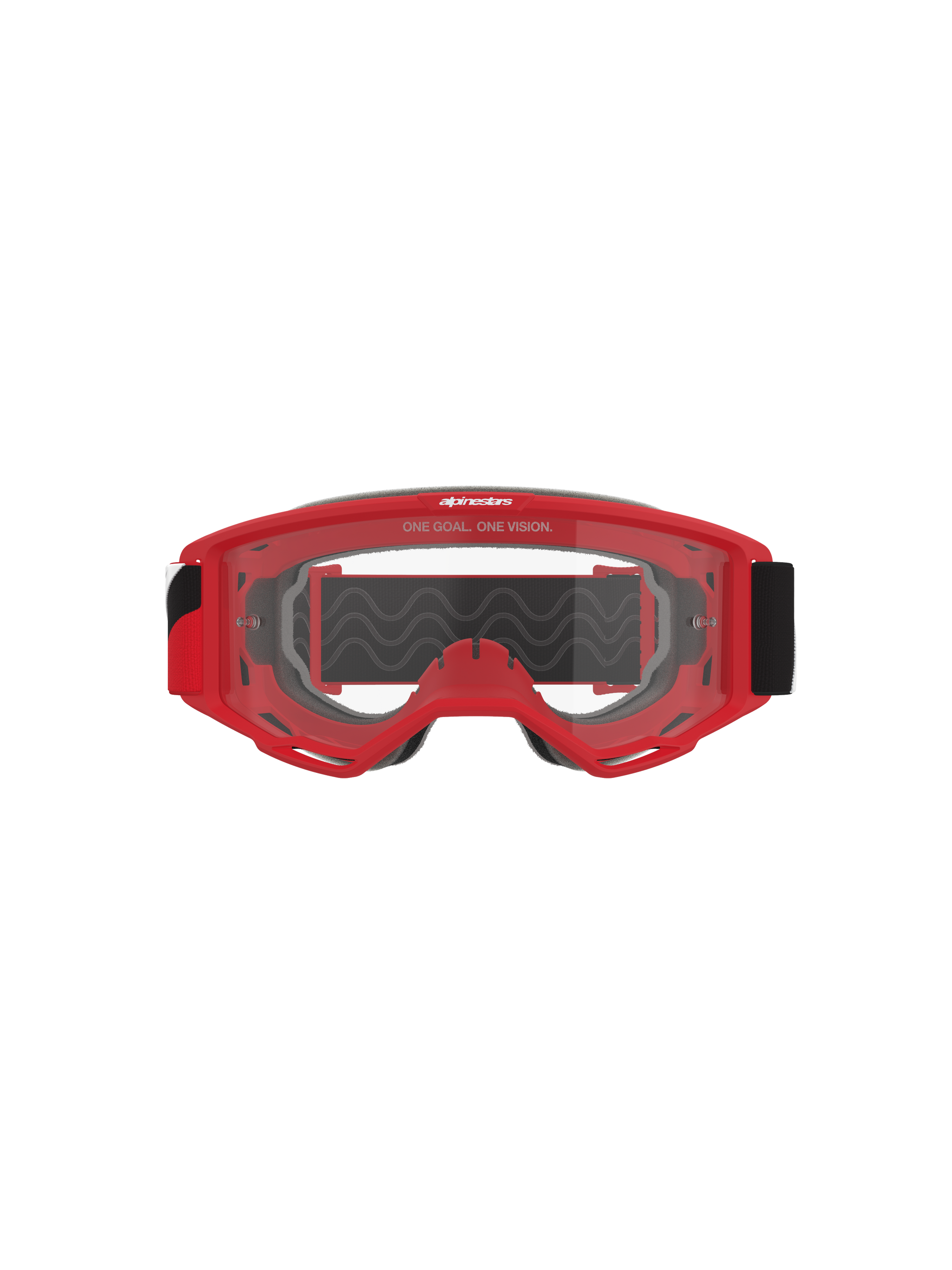 Alpinestars Vision Goggles OTG, masque de motocross, monture rouge avec lentille transparente anti-buée, vue de face avec le slogan « ONE GOAL. ONE VISION. », large sangle noire, protection oculaire haute performance pour la course tout-terrain
