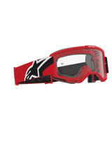 Masque Alpinestars Vision OTG, masque de motocross, rouge, noir et blanc, écran en polycarbonate transparent, monture à volume profond conçue pour le port de lunettes de vue, sangle rouge et noire avec logo Alpinestars blanc