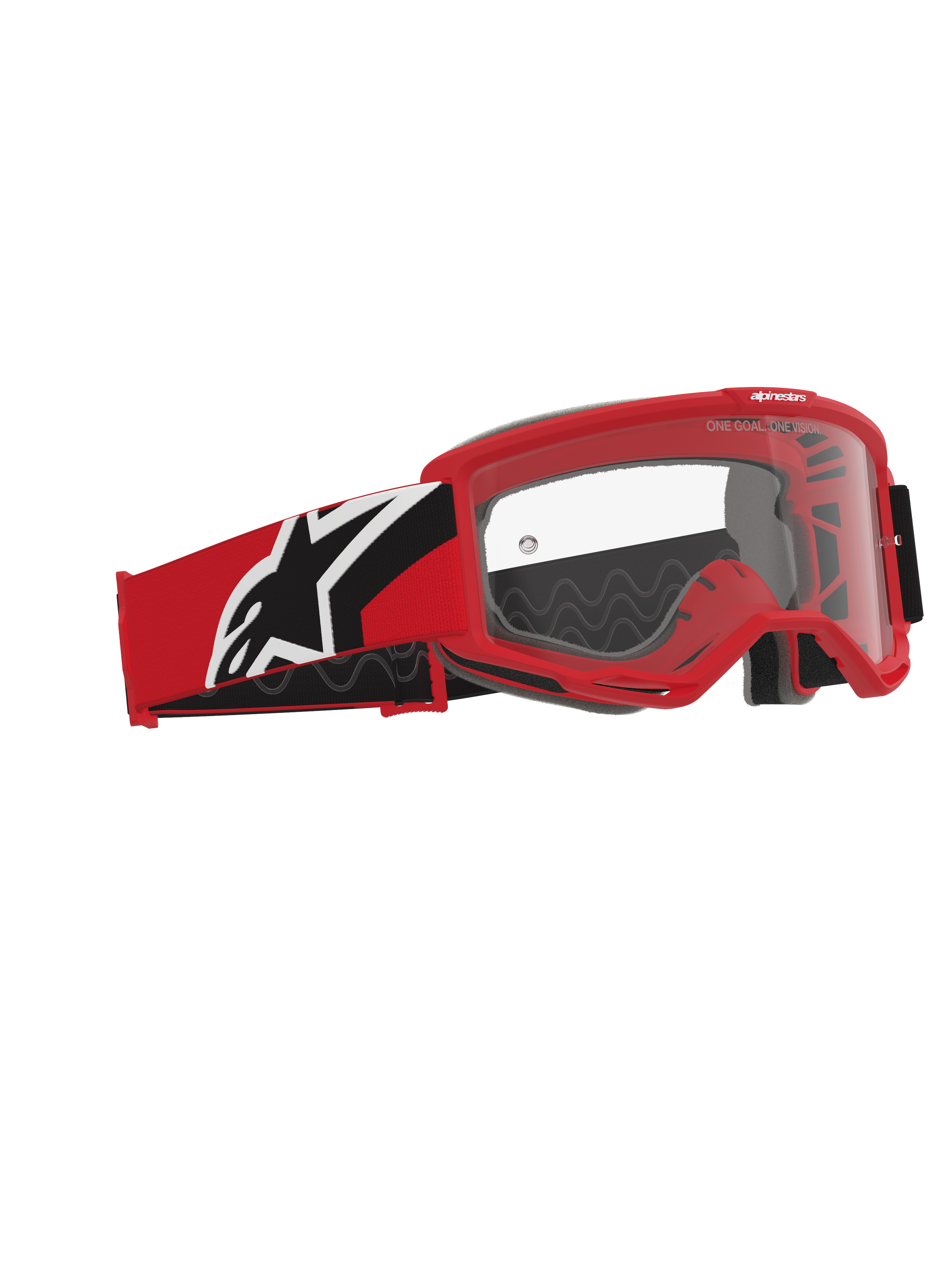 Masque Alpinestars Vision OTG, masque de motocross, rouge, noir et blanc, écran en polycarbonate transparent, monture à volume profond conçue pour le port de lunettes de vue, sangle rouge et noire avec logo Alpinestars blanc