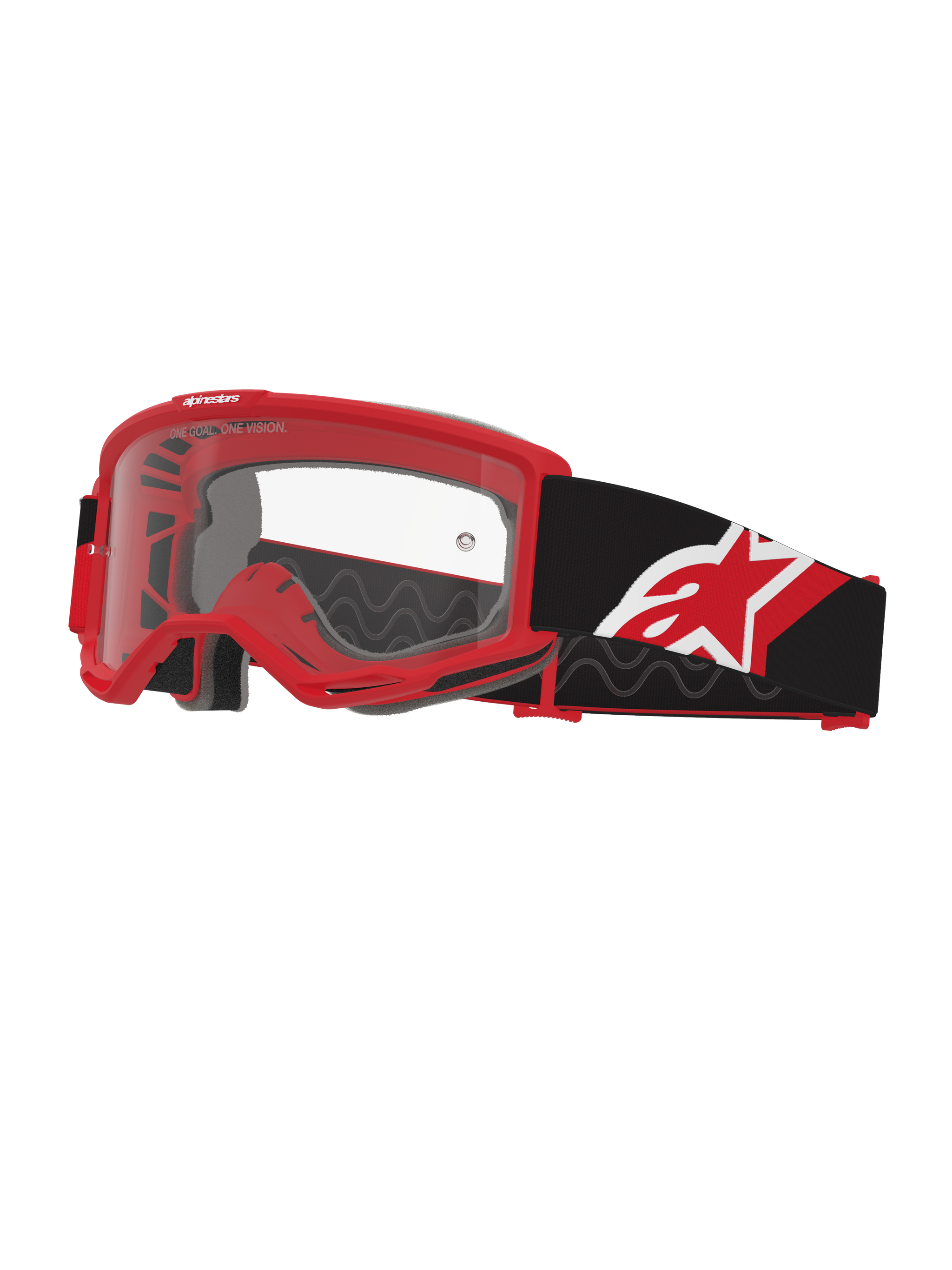 Alpinestars Vision Goggles OTG, masque de motocross, rouge, noir et blanc avec écran clair, conception adaptée au port de lunettes avec cadre rouge 'deep volume', large sangle noire avec logo étoile rouge et blanc, ventilation haute performance pour la course tout-terrain