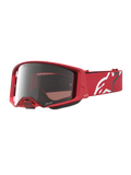 Alpinestars Supertech Vesta veiligheidsbril voor motocross in rood fluo met chroomzilveren spiegelvizier en wit logo.