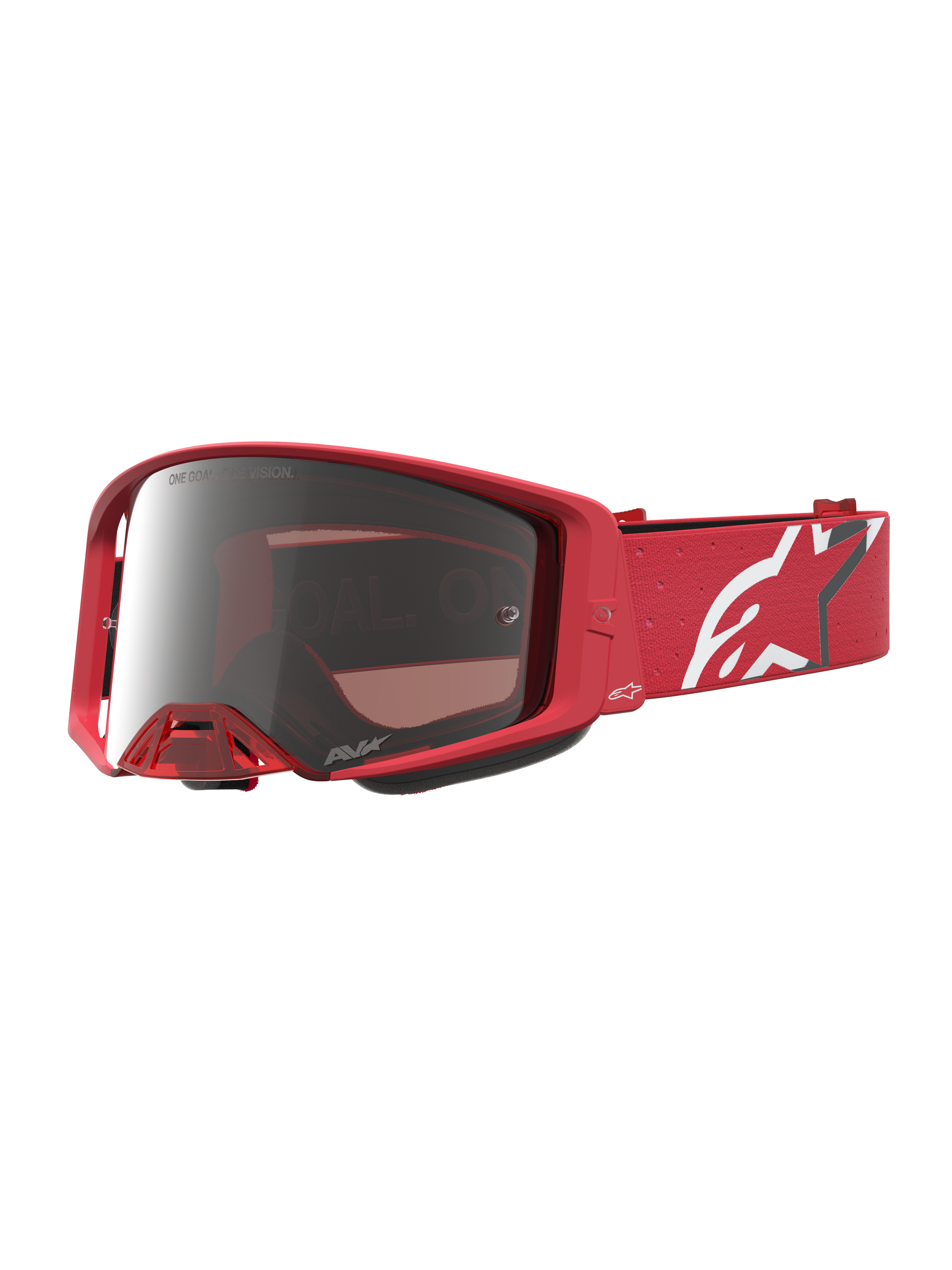 Alpinestars Supertech Vesta Motocross-Schutzbrille, Rot Fluo, verspiegeltes Chrome-Mirror-Silber-Glas, weißes Logo-Band.
