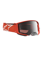 Alpinestars Supertech Vesta veiligheidsbril, oranje motocrossbril met zilveren spiegelglas en wit sterlogo op de band
