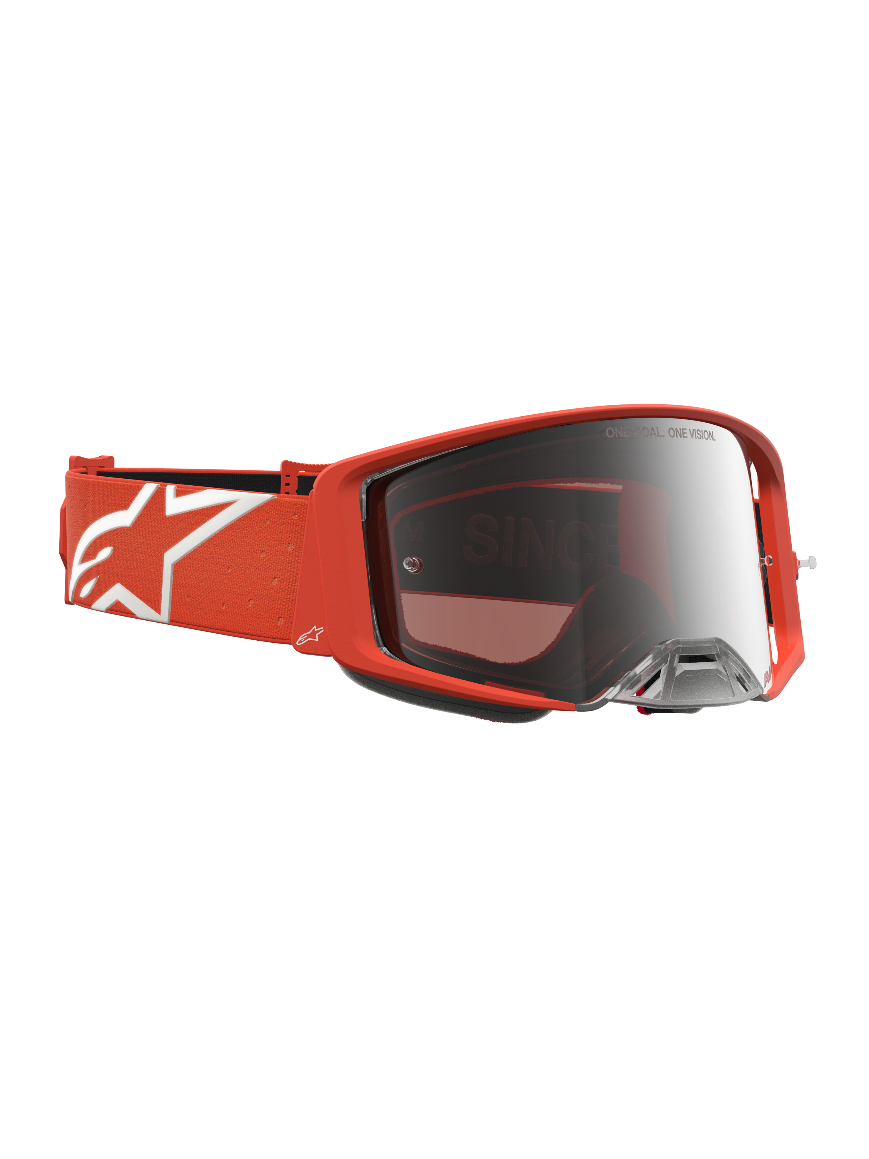 Alpinestars Supertech Vesta veiligheidsbril, oranje motocrossbril met zilveren spiegelglas en wit sterlogo op de band