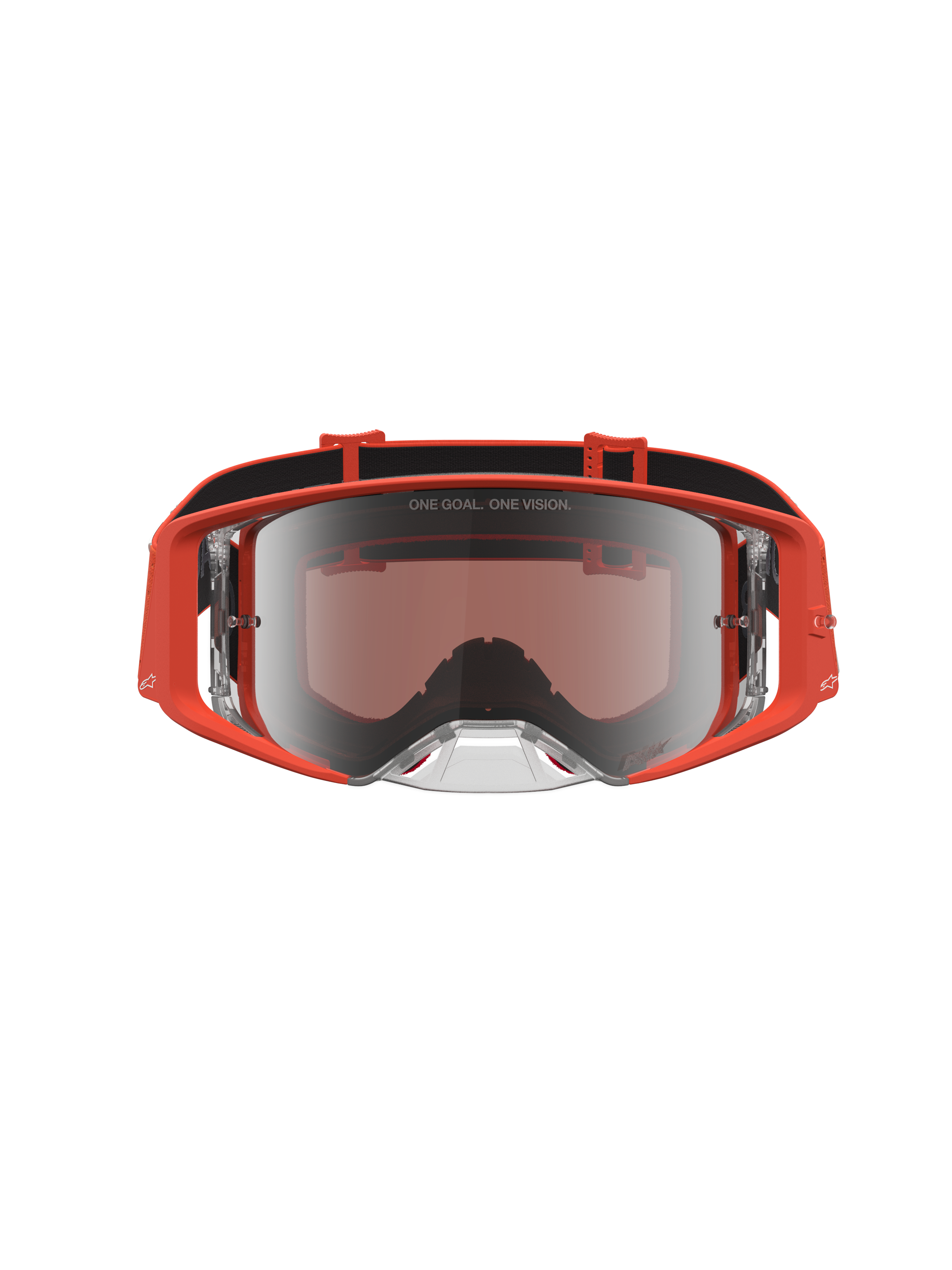 Alpinestars Supertech Vesta veiligheidsbril voor motocross, oranje frame met zilveren spiegellens voor elite racing.