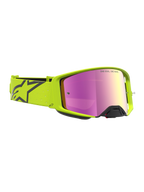 Alpinestars Supertech Vesta veiligheidsbril, motorcross racing eyewear, fluo geel en zwart frame met roze spiegellens, unisex off-road bril.