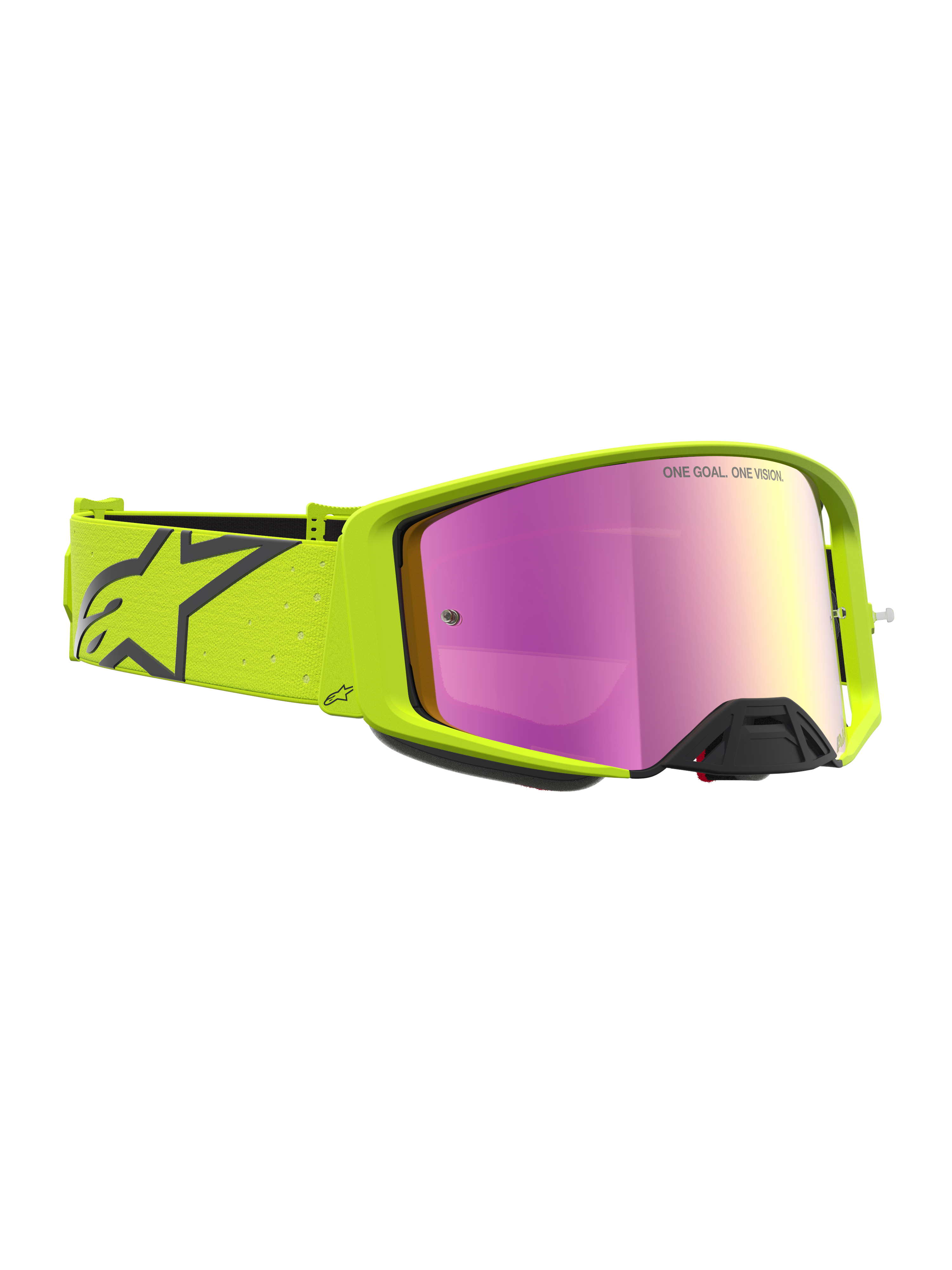 Alpinestars Supertech Vesta veiligheidsbril, motorcross racing eyewear, fluo geel en zwart frame met roze spiegellens, unisex off-road bril.