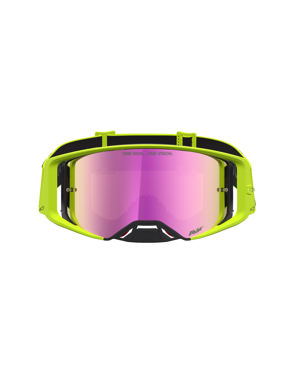 Alpinestars Supertech Vesta veiligheidsbril voor motocross, geel fluo met roze spiegelglas voor helder off-road zicht.