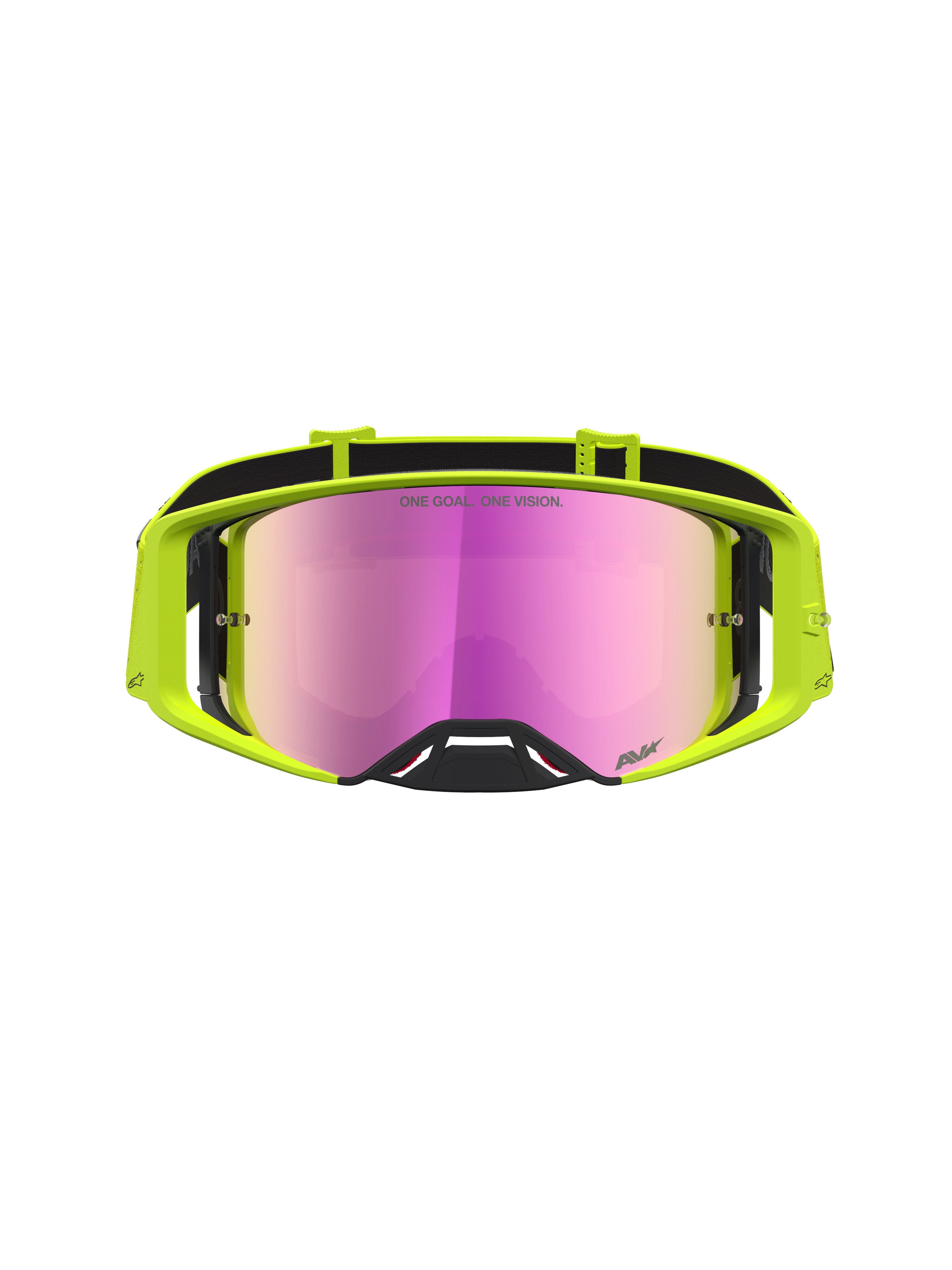 Alpinestars Supertech Vesta veiligheidsbril voor motocross, geel fluo met roze spiegelglas voor helder off-road zicht.