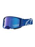 Masque Alpinestars Supertech Vesta, masque de motocross bleu et blanc, avec lentille miroir bleue et sangle ajustable à logo étoile.