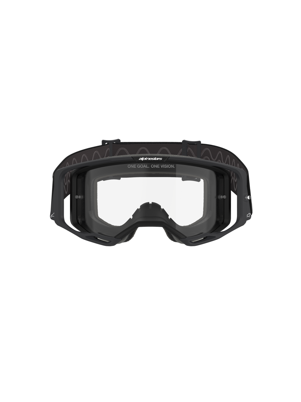 Alpinestars Vision 8 Corp Goggles, Motocross Goggles, Black frame with Clear lens, front view showing the wide-view design, integrated outriggers, and woven strap with Alpinestars branding, professional off-road racing eye protection
