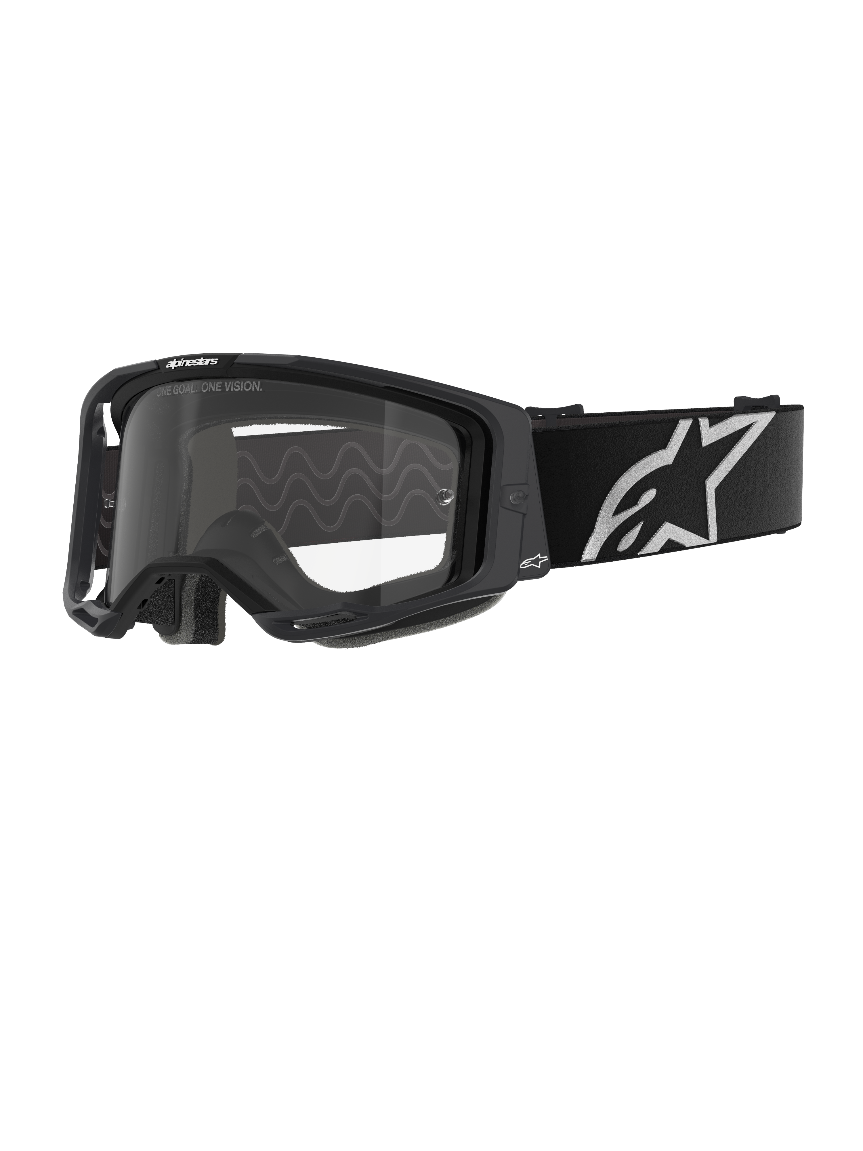 Alpinestars Vision 8 Corp Brille, Motocross-Schutzbrille, schwarzer Rahmen mit klarem Glas, breites schwarzes verstellbares Band mit markantem weißem Alpinestars Stern-Logo, sichtbarer 3D-geformter Gesichtsschaum, professioneller Augenschutz für den Offroad-Rennsport