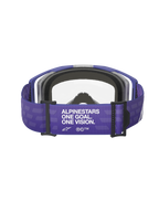 Alpinestars Vision 8 Corp Goggles, Motocross-Brille, Lila Klar, Rückansicht mit lila Band und „ALPINESTARS ONE GOAL. ONE VISION.“ Branding, klare Linse und schwarze Schaumstoffpolsterung, Offroad-Rennausrüstung