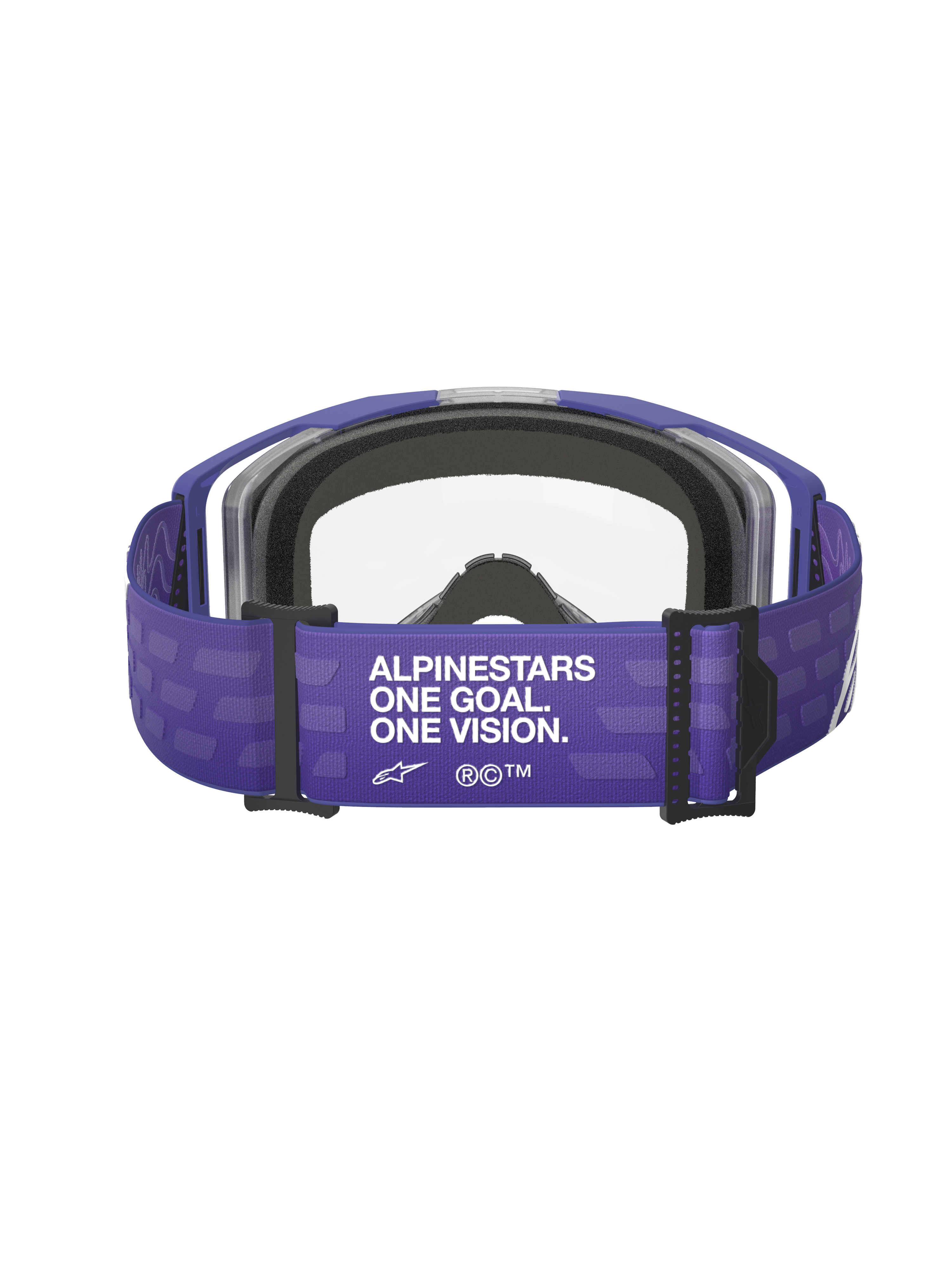 Alpinestars Vision 8 Corp Goggles, Motocross-Brille, Lila Klar, Rückansicht mit lila Band und „ALPINESTARS ONE GOAL. ONE VISION.“ Branding, klare Linse und schwarze Schaumstoffpolsterung, Offroad-Rennausrüstung