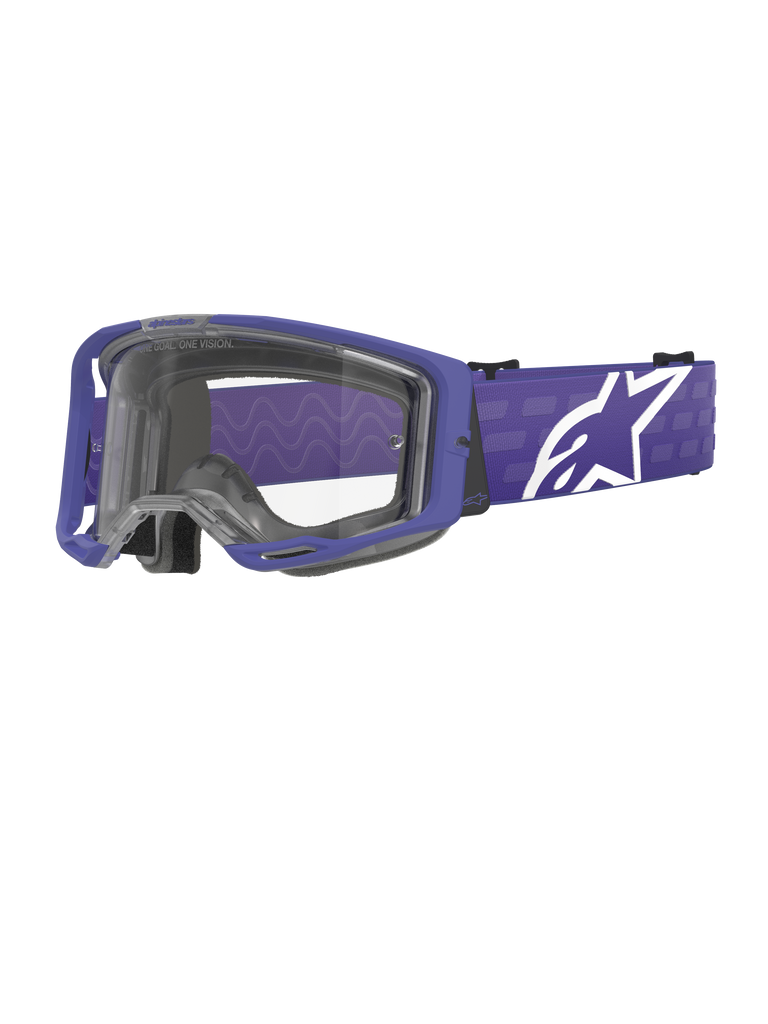 Lunettes Alpinestars Vision 8 Corp, masque de motocross, pourpre et transparent, doté d'un cadre A-FLEX pourpre et d'un écran clair, bandeau pourpre avec un grand logo étoile blanc, large champ de vision, conçu pour la performance en course tout-terrain