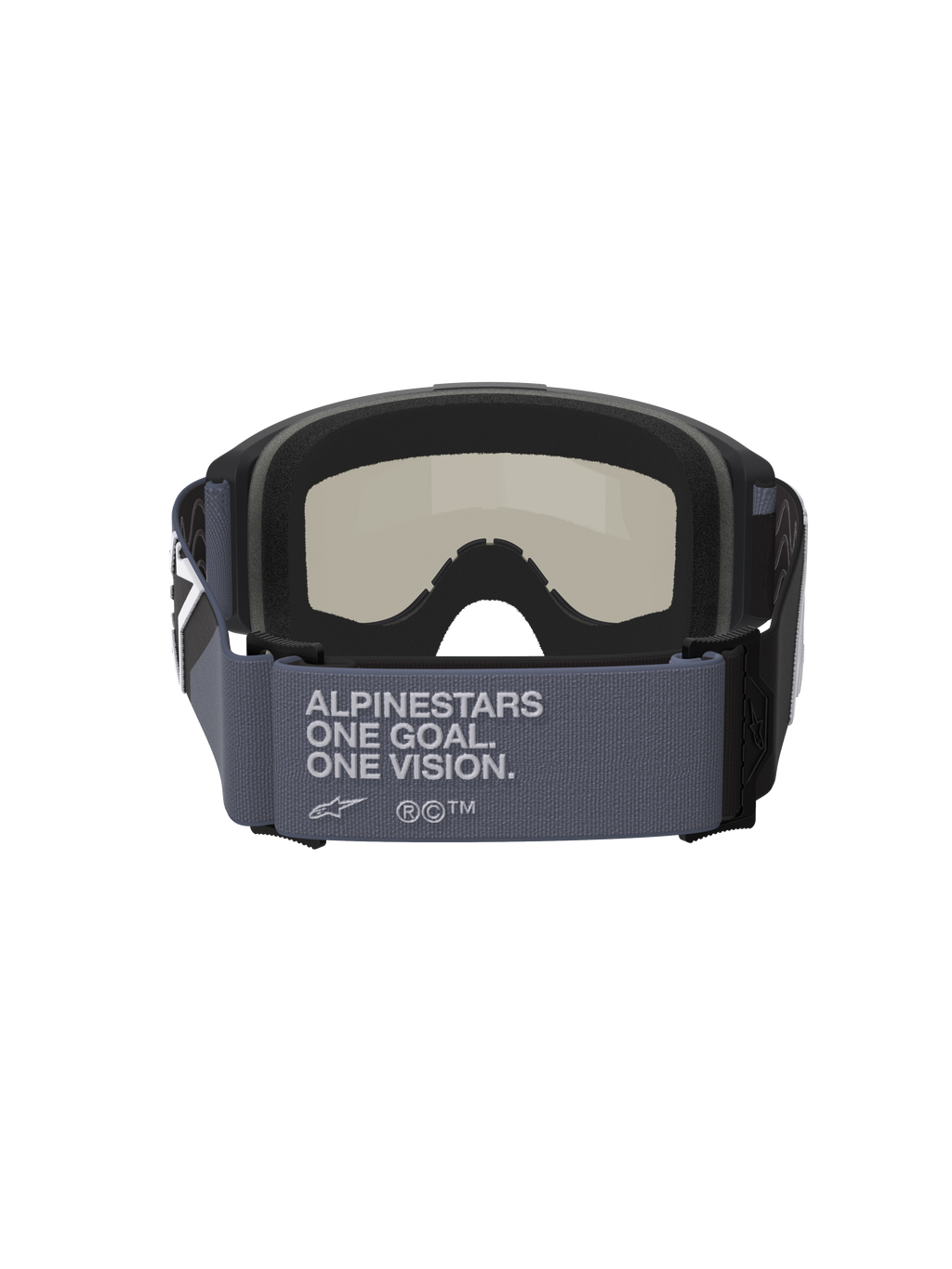 Alpinestars Vision Sand Goggles, Motocross-Brille, Schwarz und Grau, Rückansicht mit breitem grauen Brillenband und „Alpinestars One Goal. One Vision.“ Text, schwarzer mehrschichtiger Gesichtsschaum, Dark Smoke Linse, Offroad-Wüstenfahrausrüstung