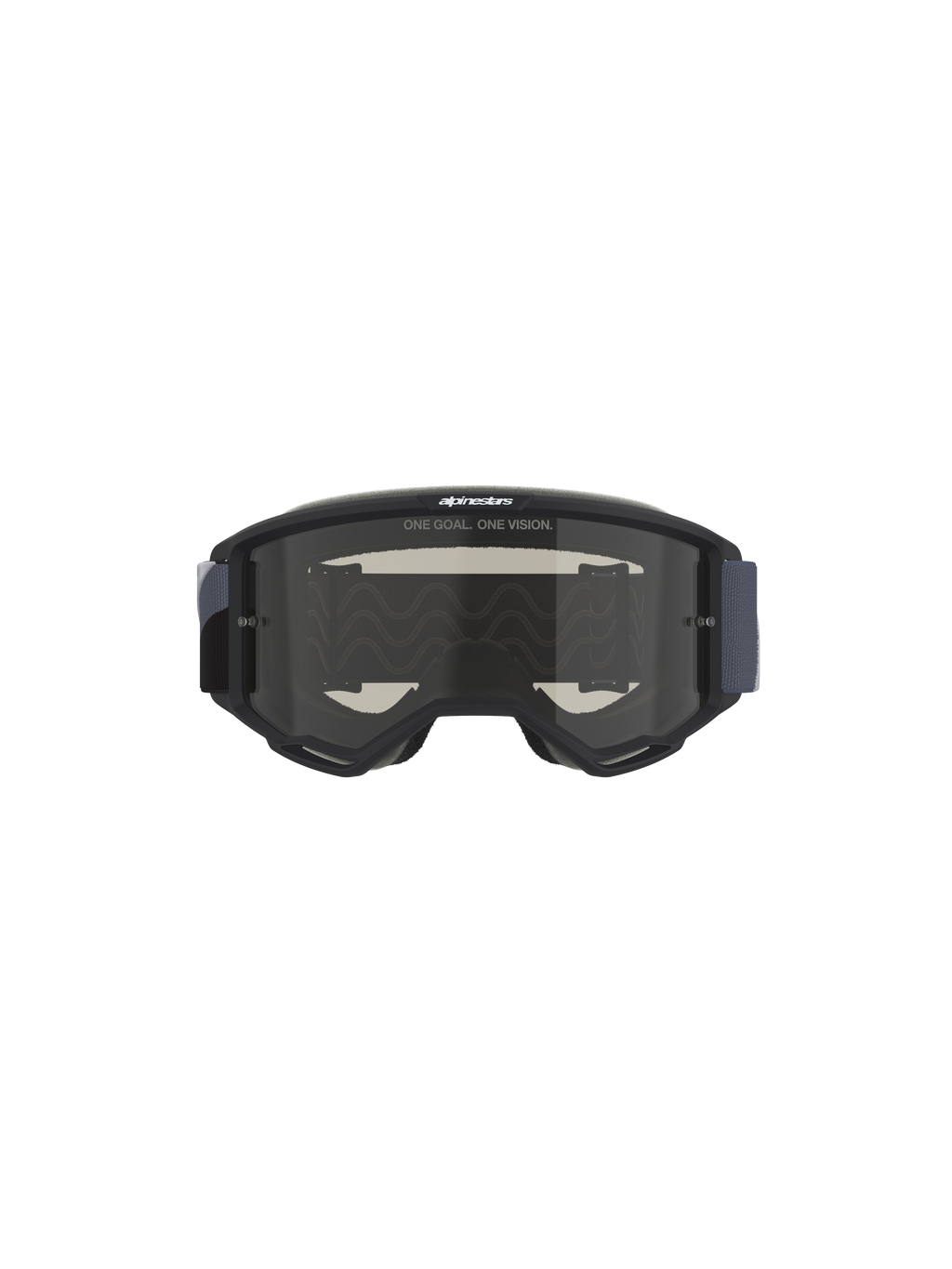 Alpinestars Vision Sand Goggles, Motocross-Brille, Schwarz und Grau mit Dark Smoke Linse, Slogan 'ONE GOAL. ONE VISION.' auf der Linse, breites gewebtes Band, entwickelt für Staub- und Sandschutz unter Offroad-Bedingungen