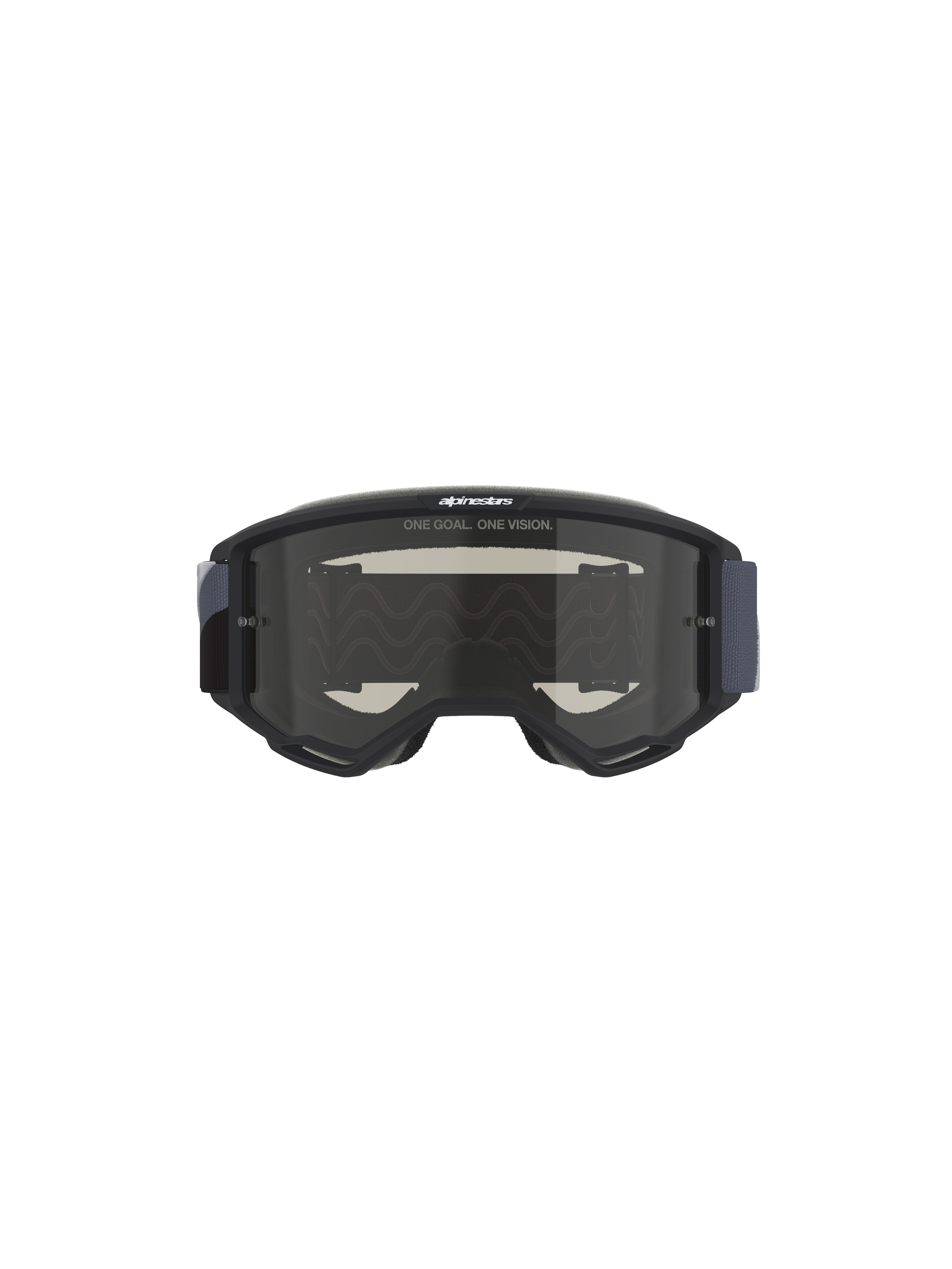 Alpinestars Vision Sand Goggles, Motocross-Brille, Schwarz und Grau mit Dark Smoke Linse, Slogan 'ONE GOAL. ONE VISION.' auf der Linse, breites gewebtes Band, entwickelt für Staub- und Sandschutz unter Offroad-Bedingungen