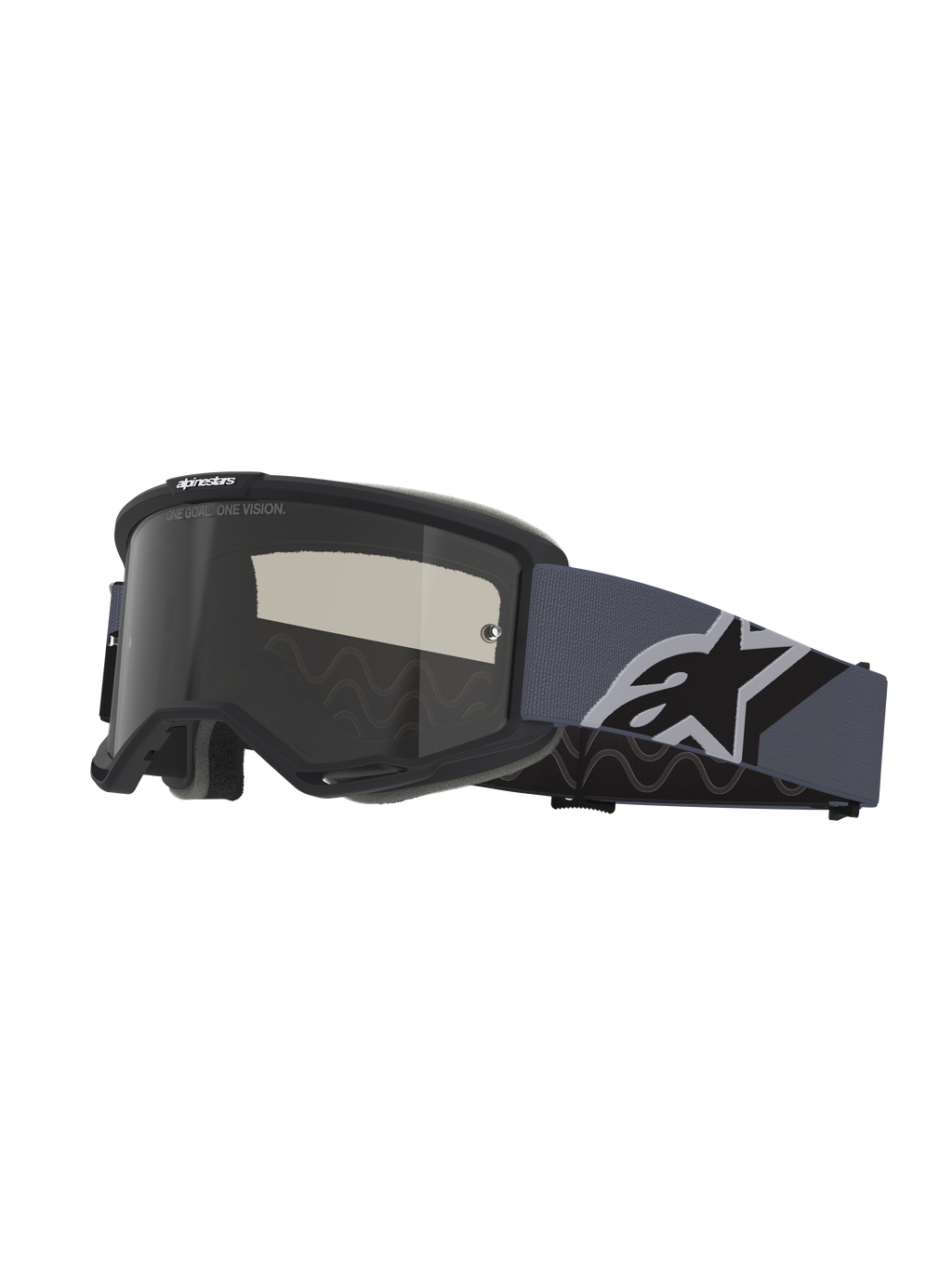 Alpinestars Vision Sand Goggles, Motocross-Brille, schwarz-grauer Rahmen mit Dark Smoke Glas, breites blau-graues Band mit großem schwarz-weißem Alpinestars-Logo, Schutzausrüstung für Offroad- und Wüstenfahrten