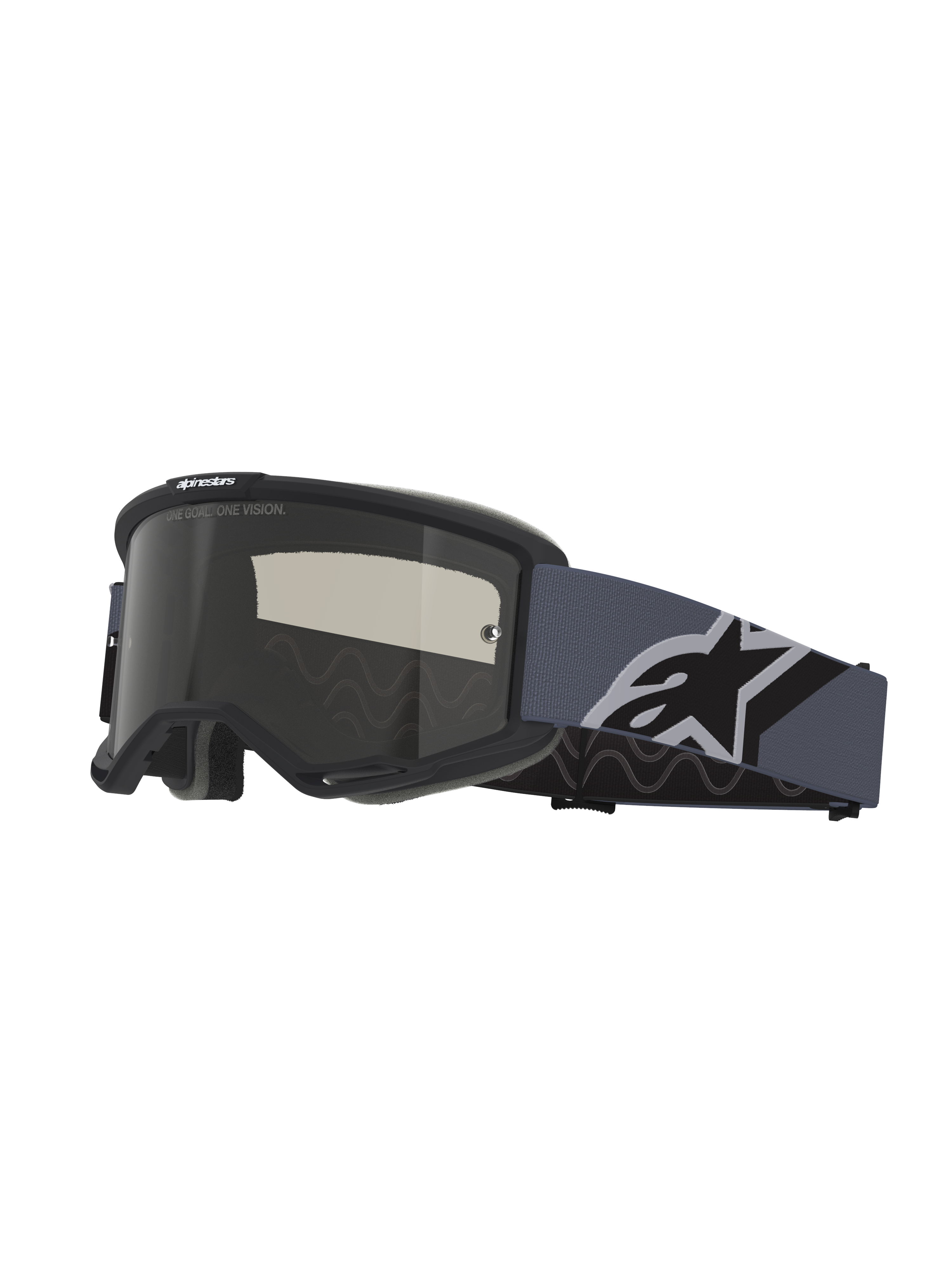 Alpinestars Vision Sand Goggles, Motocross-Brille, schwarz-grauer Rahmen mit Dark Smoke Glas, breites blau-graues Band mit großem schwarz-weißem Alpinestars-Logo, Schutzausrüstung für Offroad- und Wüstenfahrten