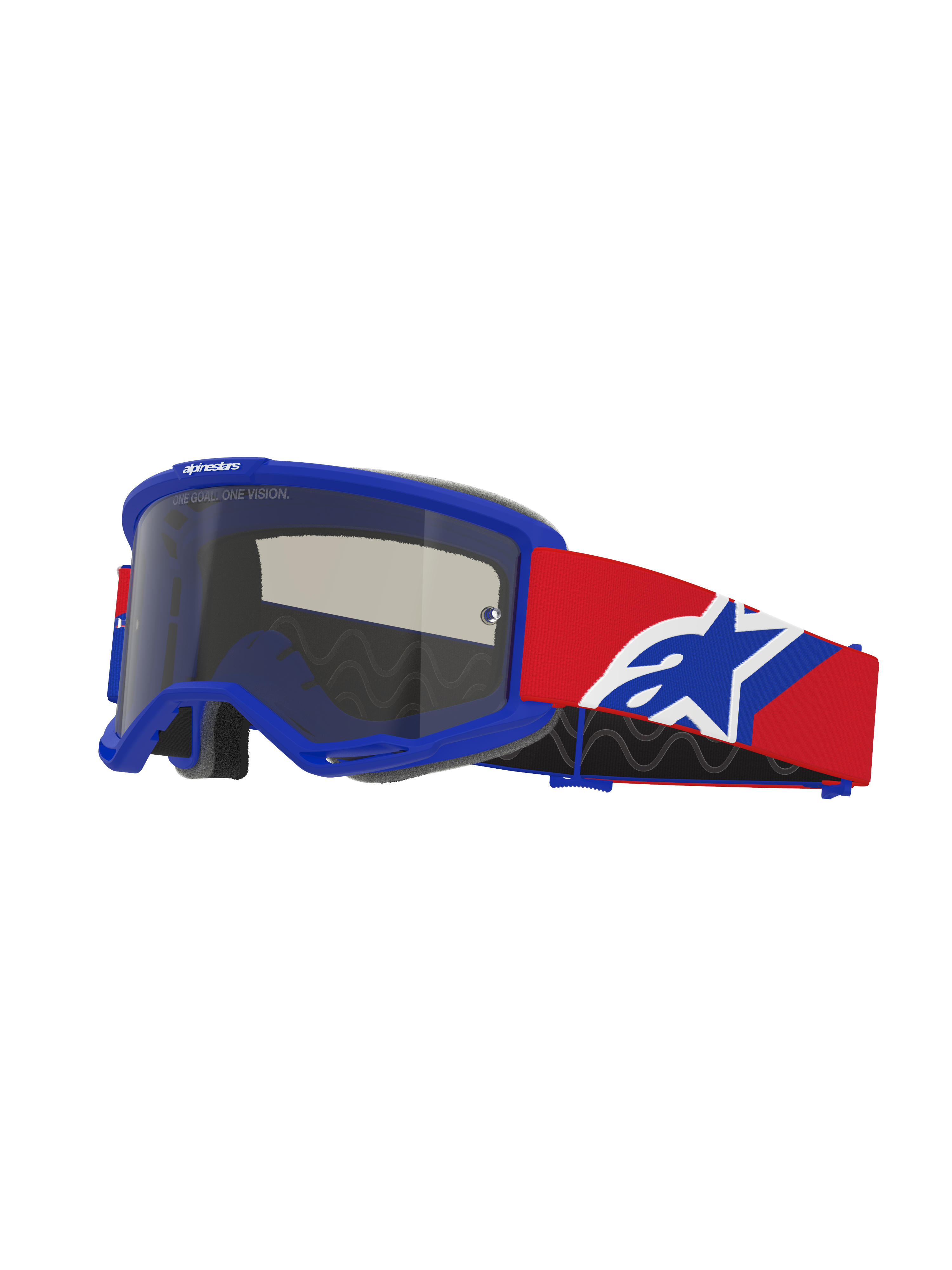 Masque Vision Sand Alpinestars, masque de motocross, monture bleue avec écran Dark Smoke, bandeau rouge avec logo bleu et blanc, protection oculaire tout-terrain avec mousse de ventilation spécialisée pour le désert
