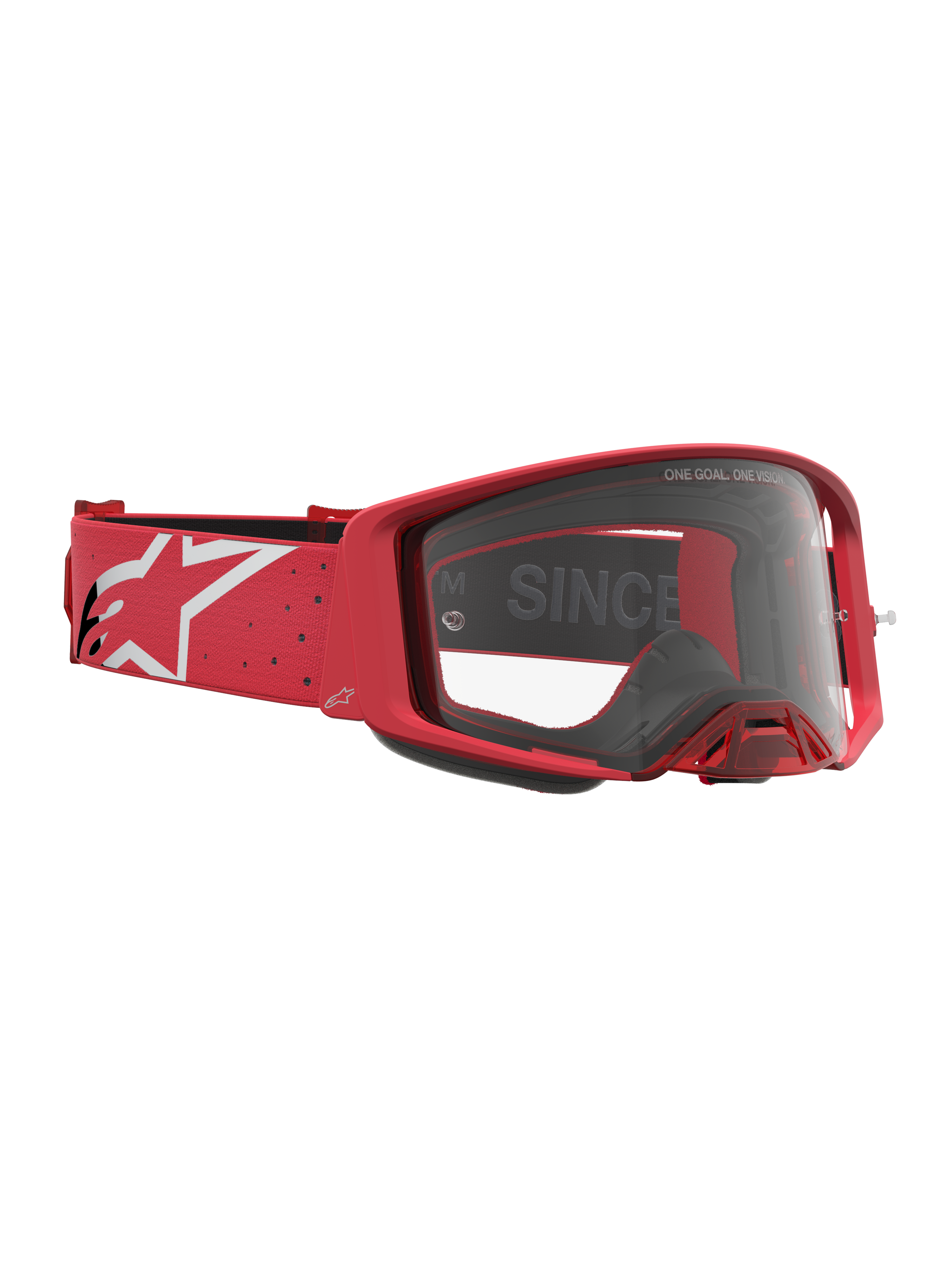 Alpinestars Supertech Vesta Schutzbrille, Motocross-Rennbrille in Rot und Weiß, mit klarer Linse und markantem Logo-Band für den Offroad-Einsatz.