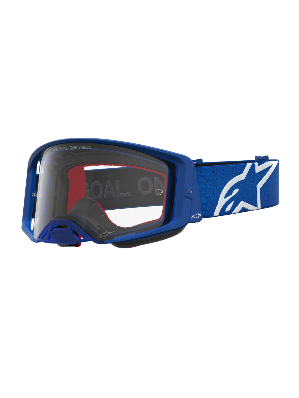 Alpinestars Supertech Vesta veiligheidsbril, blauwe en witte motorcrossbril met heldere polycarbonaat lens en sterlogo.