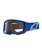 Alpinestars Supertech Vesta veiligheidsbril, blauwe en witte motorcrossbril met heldere polycarbonaat lens en sterlogo.