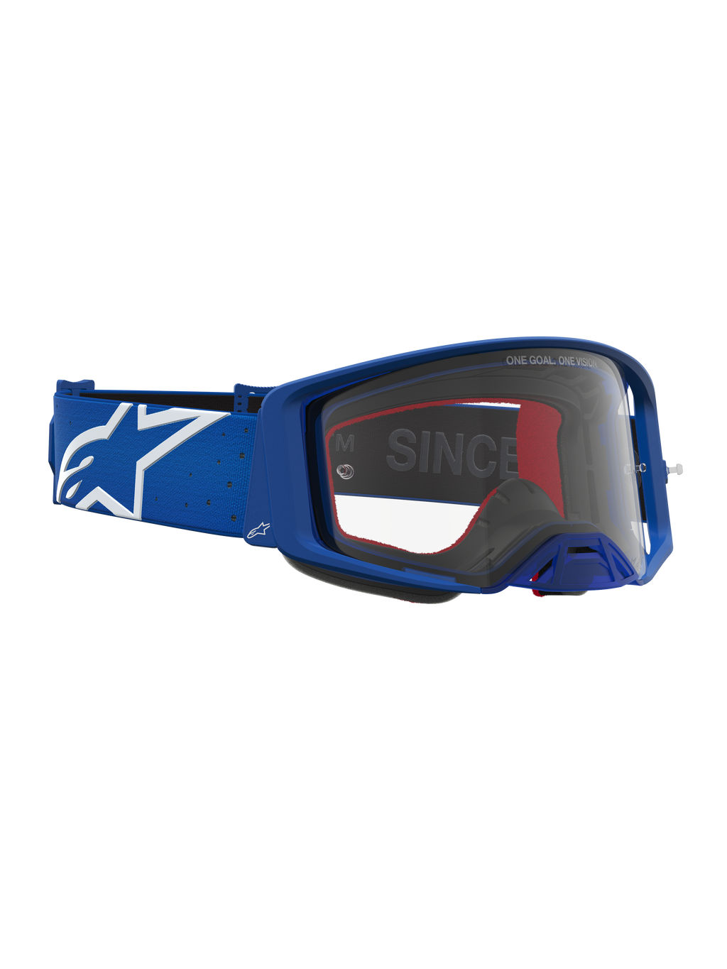 Alpinestars Supertech Vesta veiligheidsbril, professionele motocrossbril voor off-road racing, blauw en wit, voorzien van een heldere lens en kampioenschap-bewezen frameontwerp.