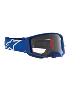 Alpinestars Supertech Vesta veiligheidsbril, professionele motocrossbril voor off-road racing, blauw en wit, voorzien van een heldere lens en kampioenschap-bewezen frameontwerp.