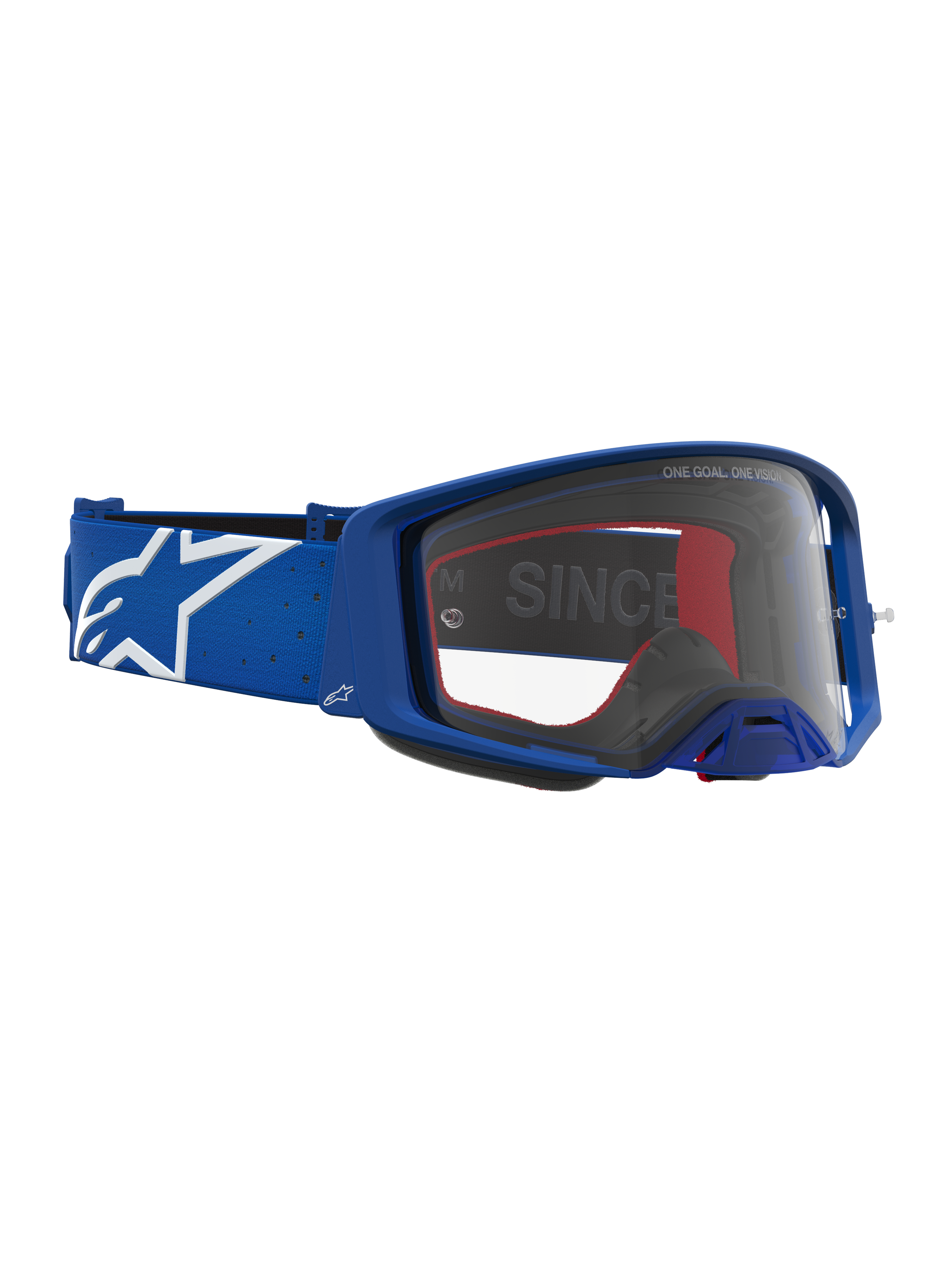 Alpinestars Supertech Vesta veiligheidsbril, professionele motocrossbril voor off-road racing, blauw en wit, voorzien van een heldere lens en kampioenschap-bewezen frameontwerp.