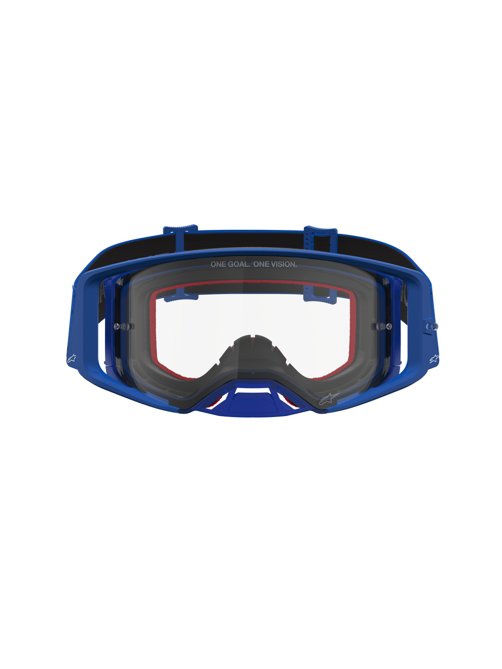 Alpinestars Supertech Vesta veiligheidsbril, motorcrossbril, blauw en wit, heldere lens, vochtregulatie en luchtstroom.